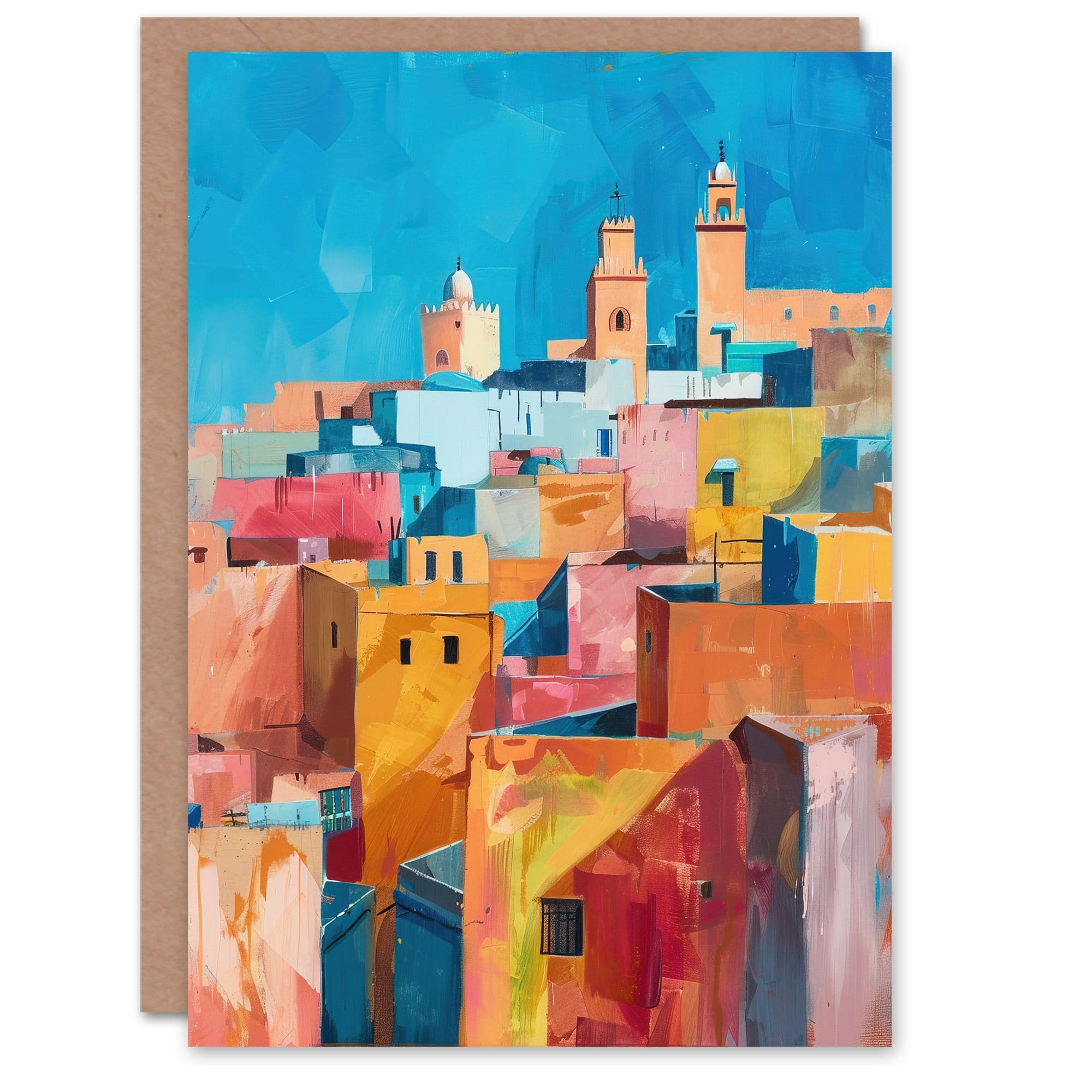 Morocco Cityscape Oil Painting Blue Sky Buildings Greeting Card