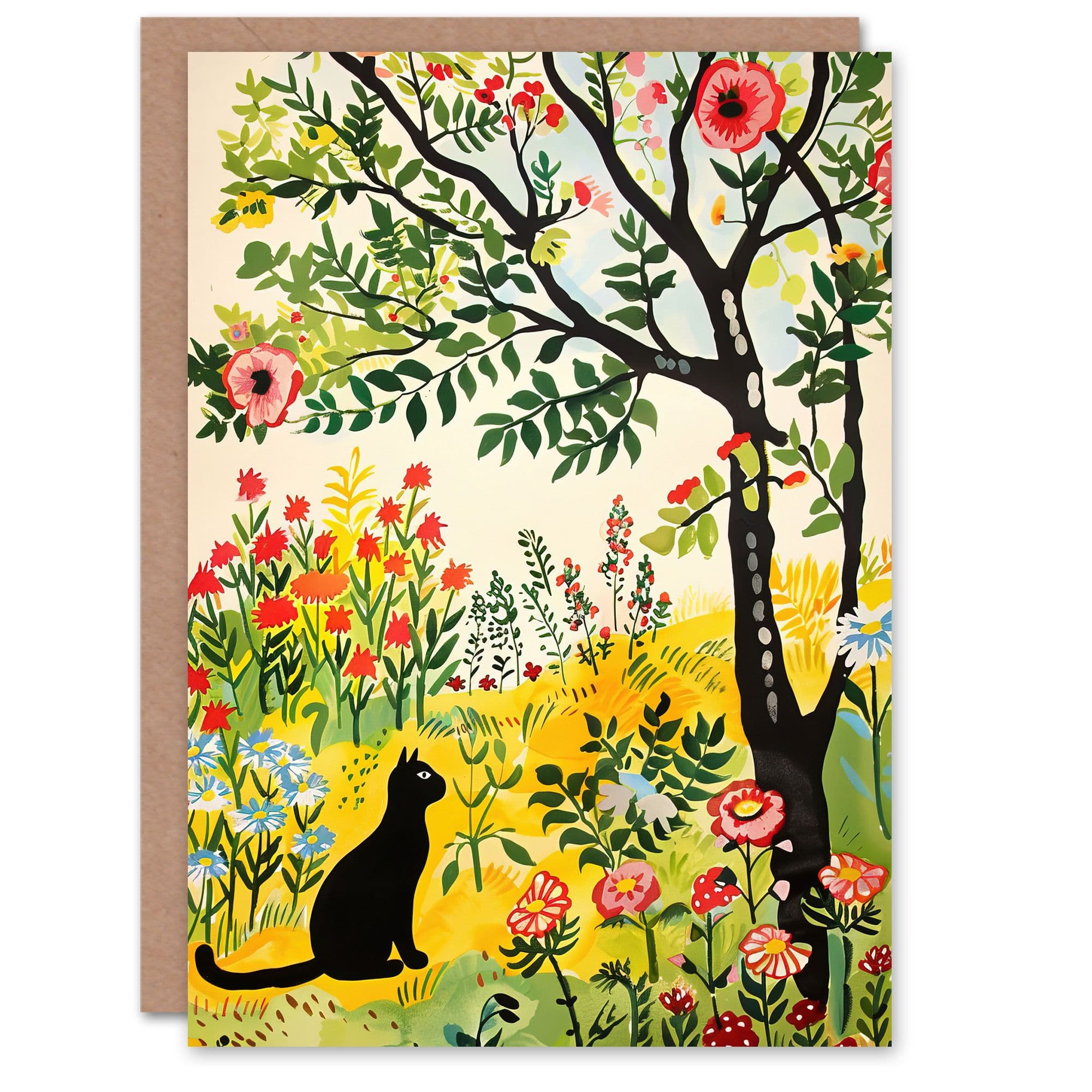 Cat Under Tree in Wildflowers Folk Art Painting Greeting Card Birthday