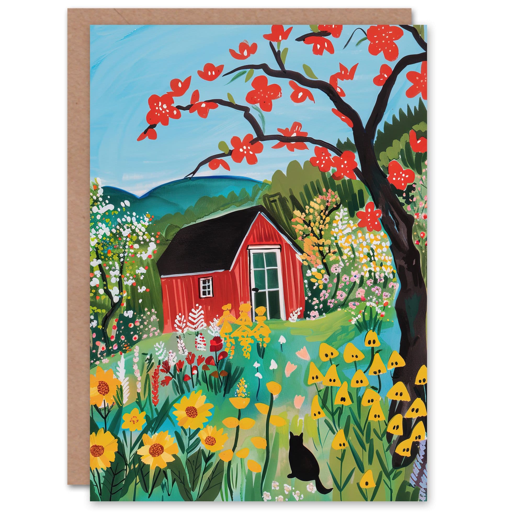 Red Cabin in Wildflower Valley Painting Colourful Greeting Card
