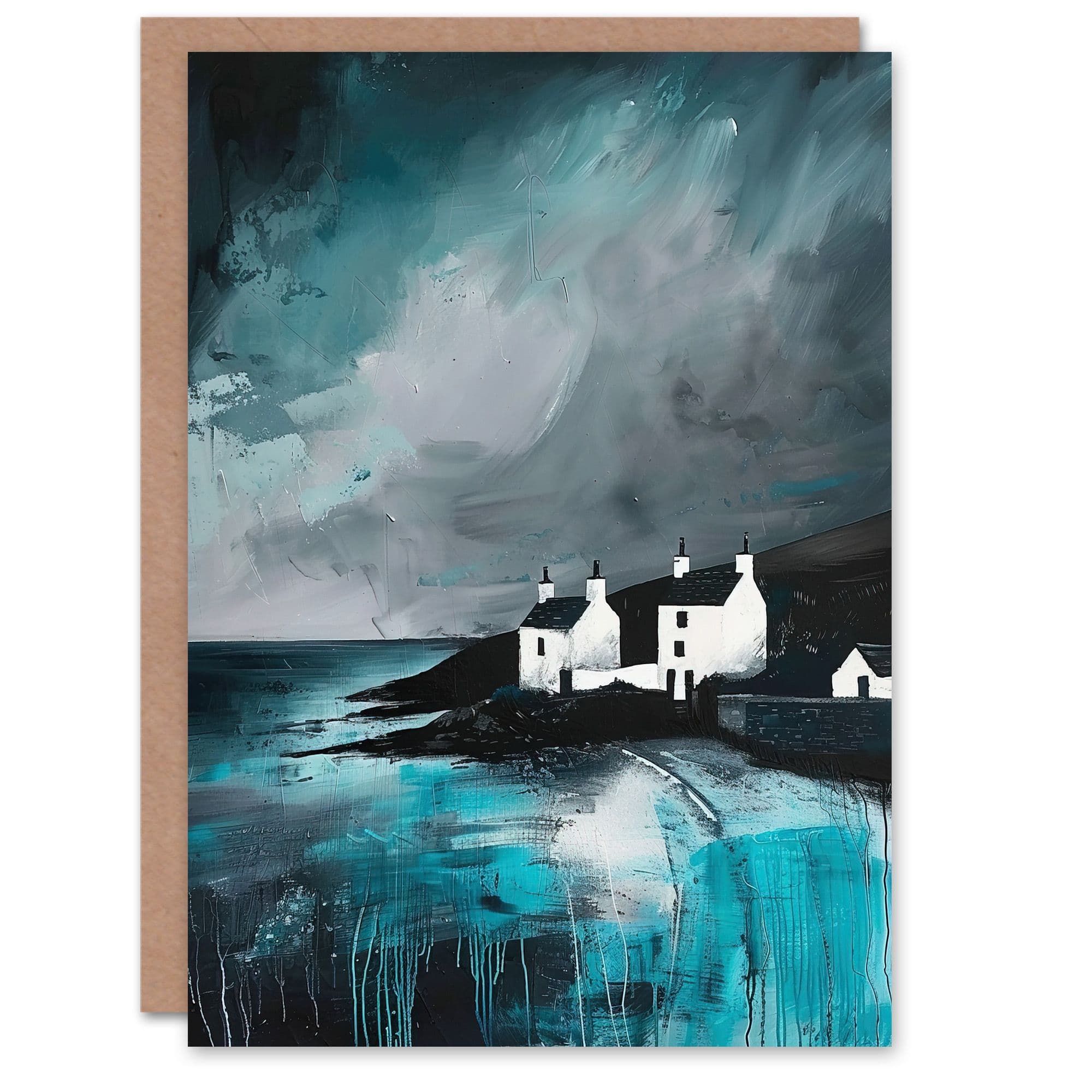 Coastal Cottages Oil Painting Sky Scotland Greeting Card Birthday