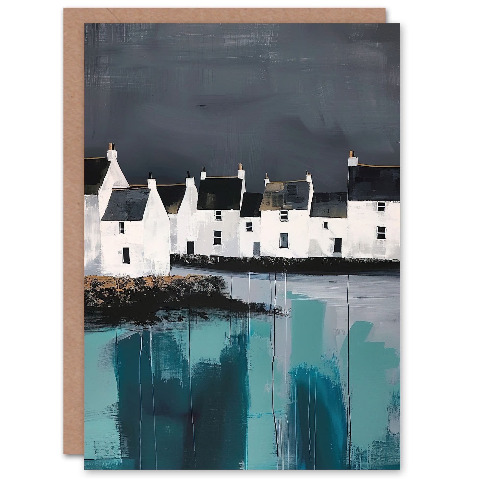 Scottish Coastal Village Oil Painting Grey Sky Greeting Card Birthday