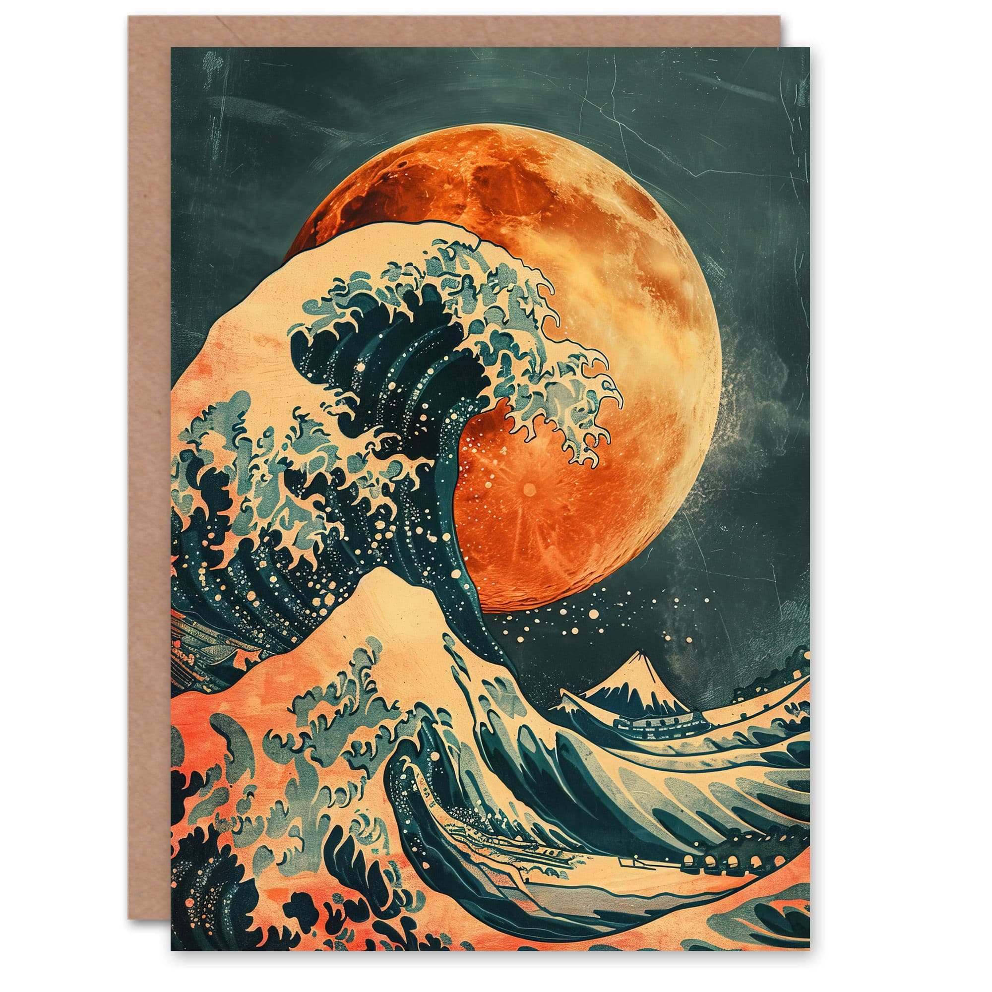Moon Traditional Japanese Waves Artwork Greeting Card Birthday