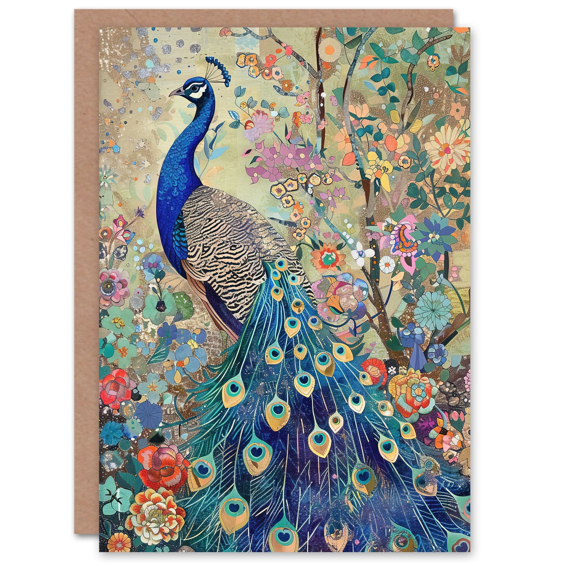 Detailed Blue Peacock Wildflower Forest Painting Greeting Card