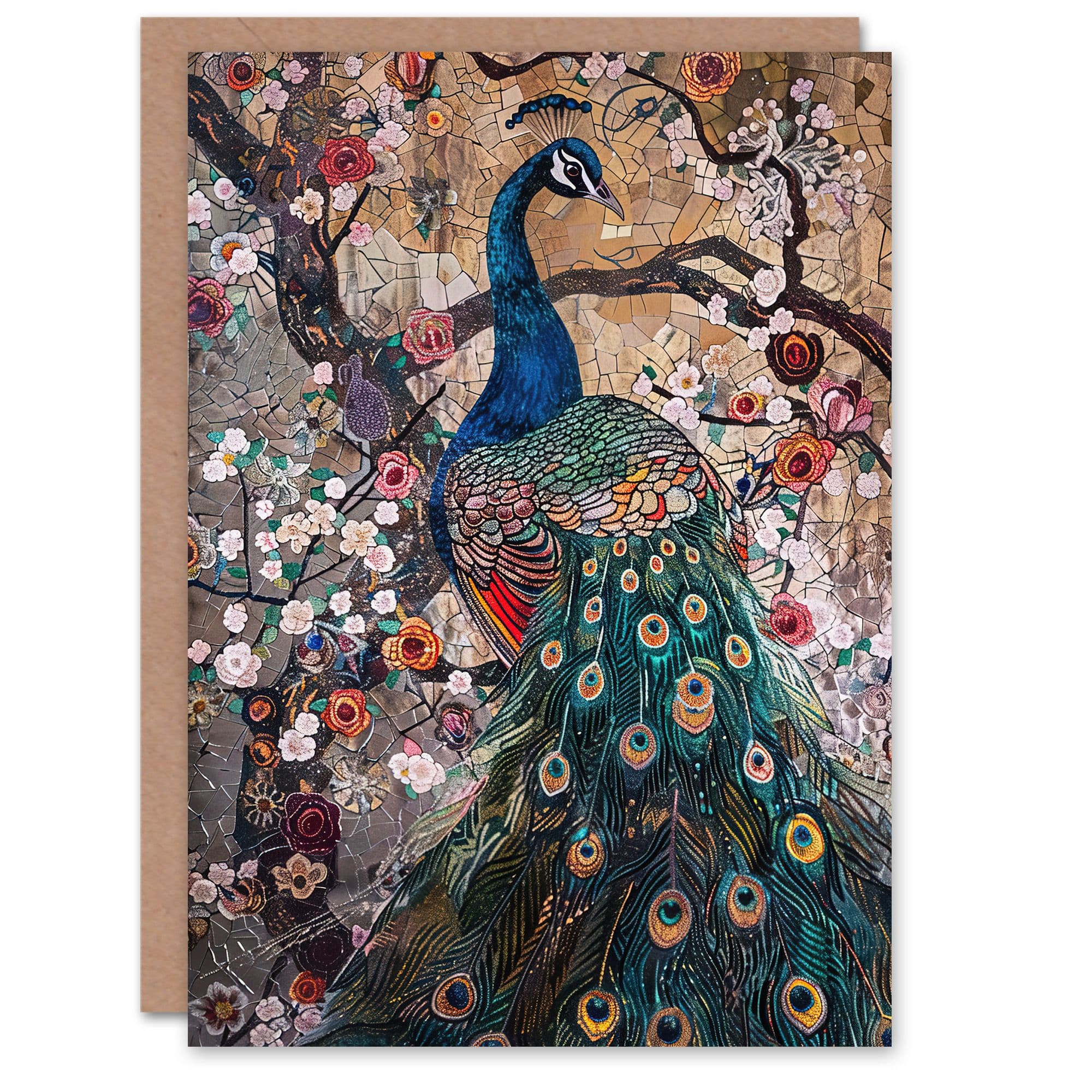 Mosaic Peacock in Flowers Tree Detailed Artwork Greeting Card Birthday
