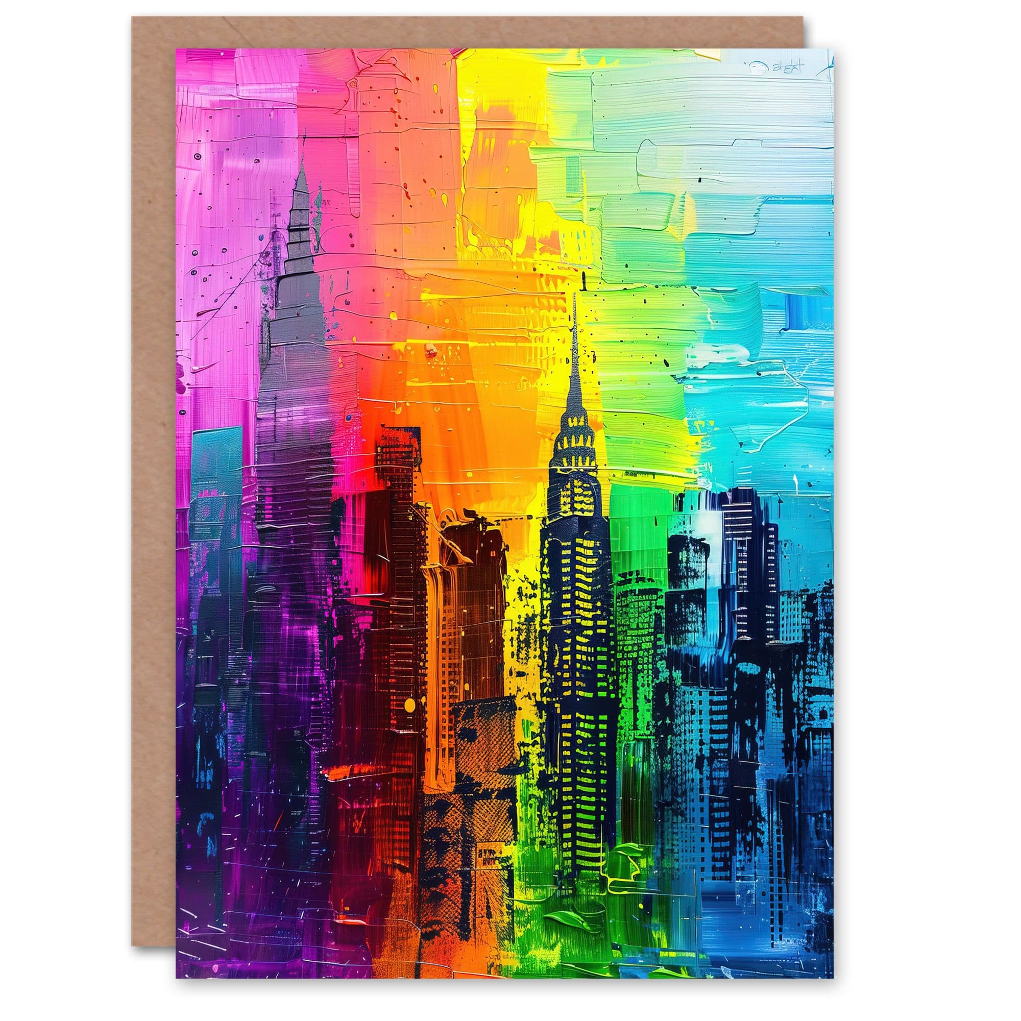 Rainbow City Skyline Oil Painting Skyscrapers Greeting Card Birthday