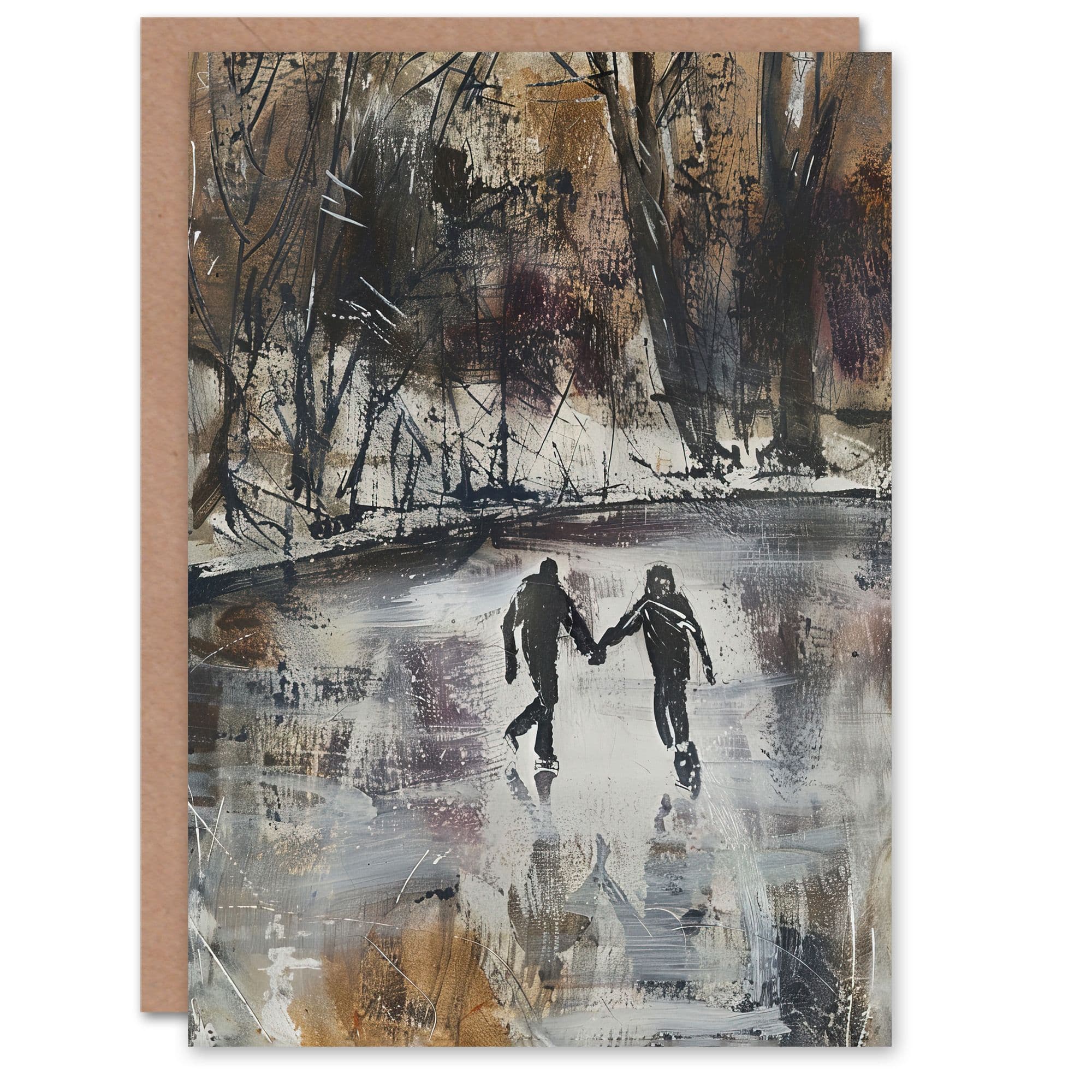 Skaters on Frozen Lake Artwork Winter Dark Ice Greeting Card Birthday