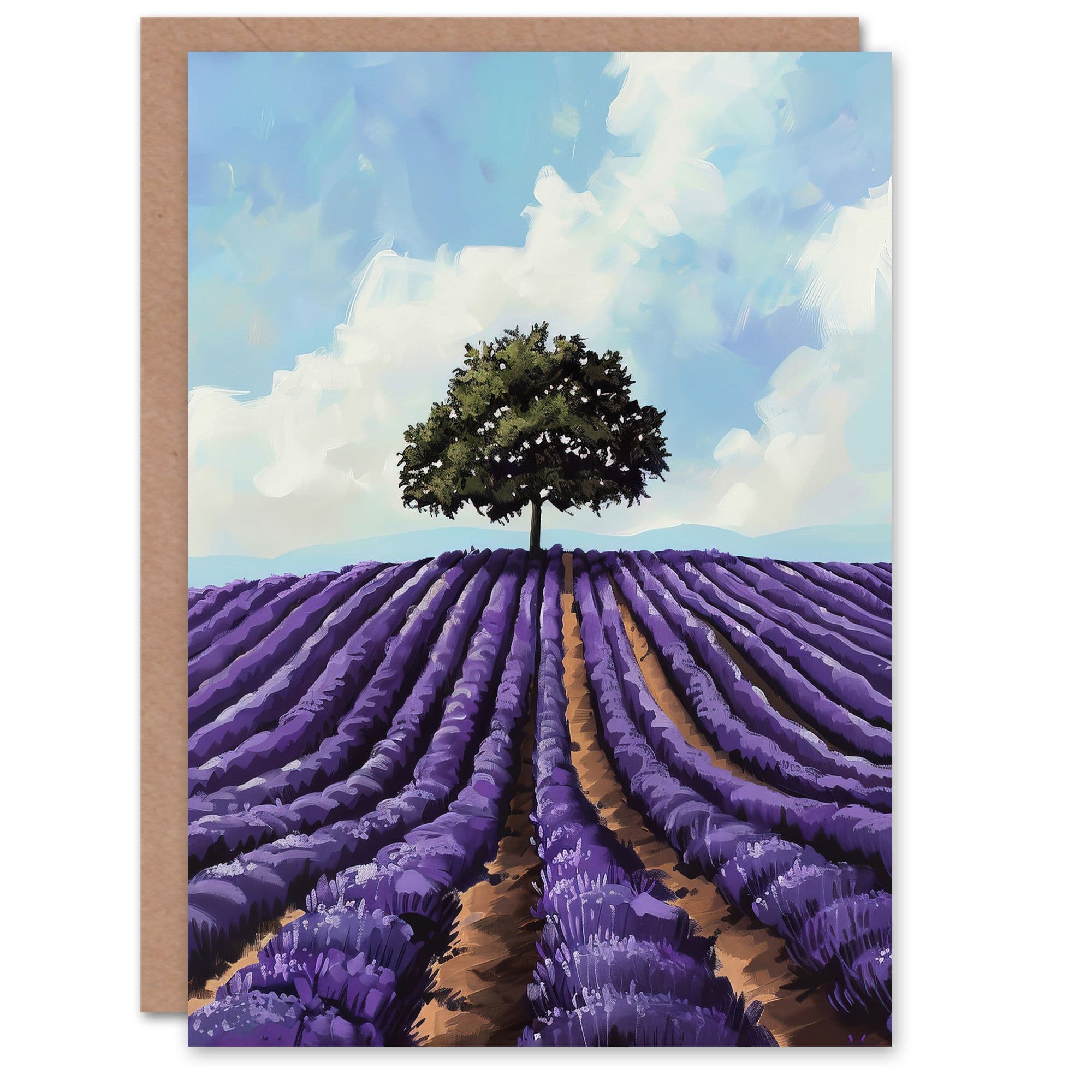 Lone Tree Lavender Fields Painting Purple Nature Greeting Card