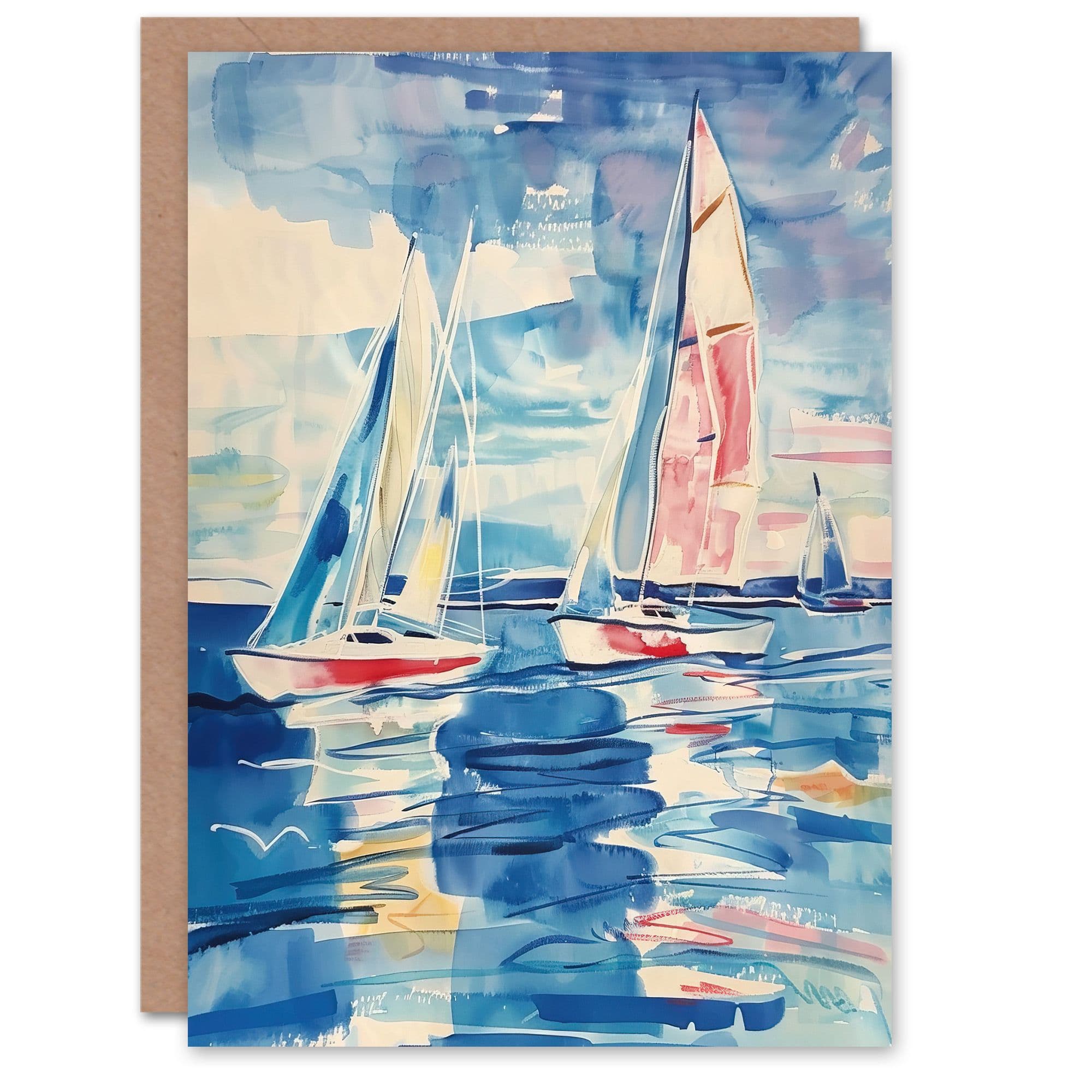 Sailboats at Sea Oil Painting Nautical Seascape Greeting Card Birthday