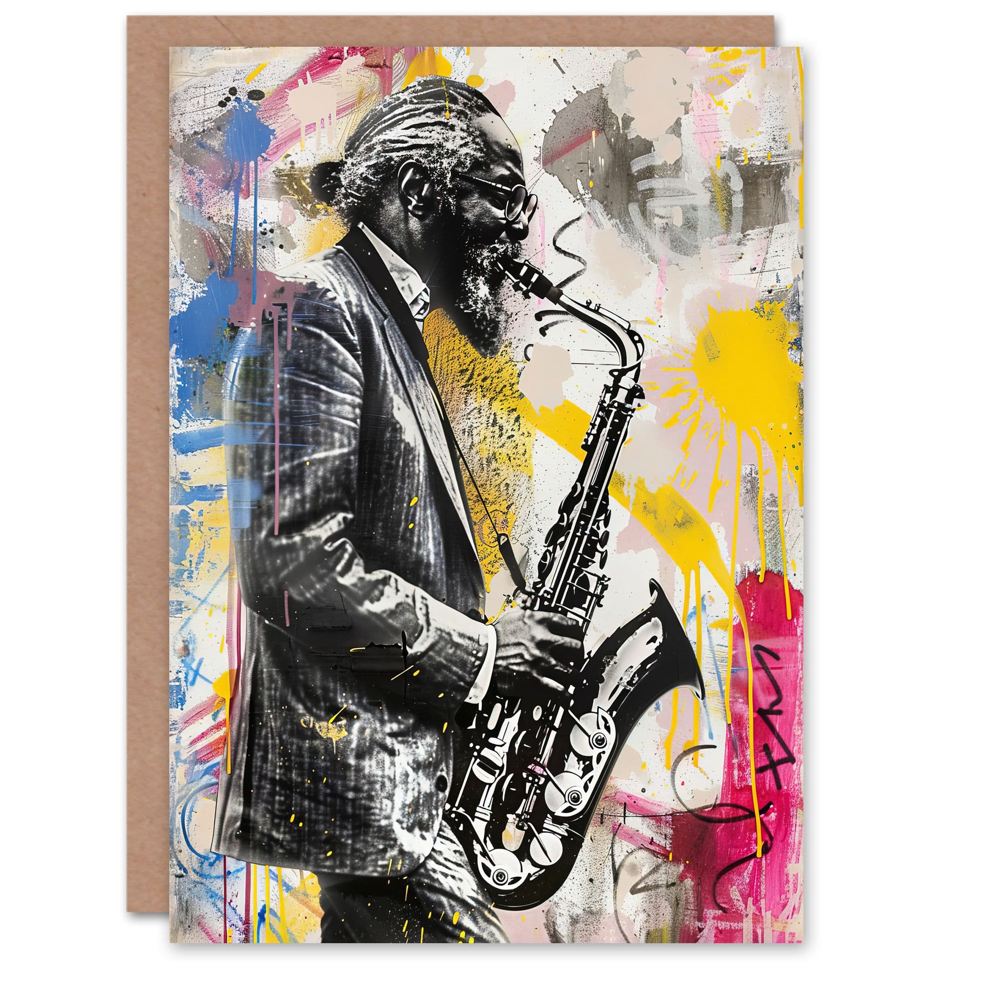 Old Saxophone Player Portrait Street Art Graffiti Greeting Card