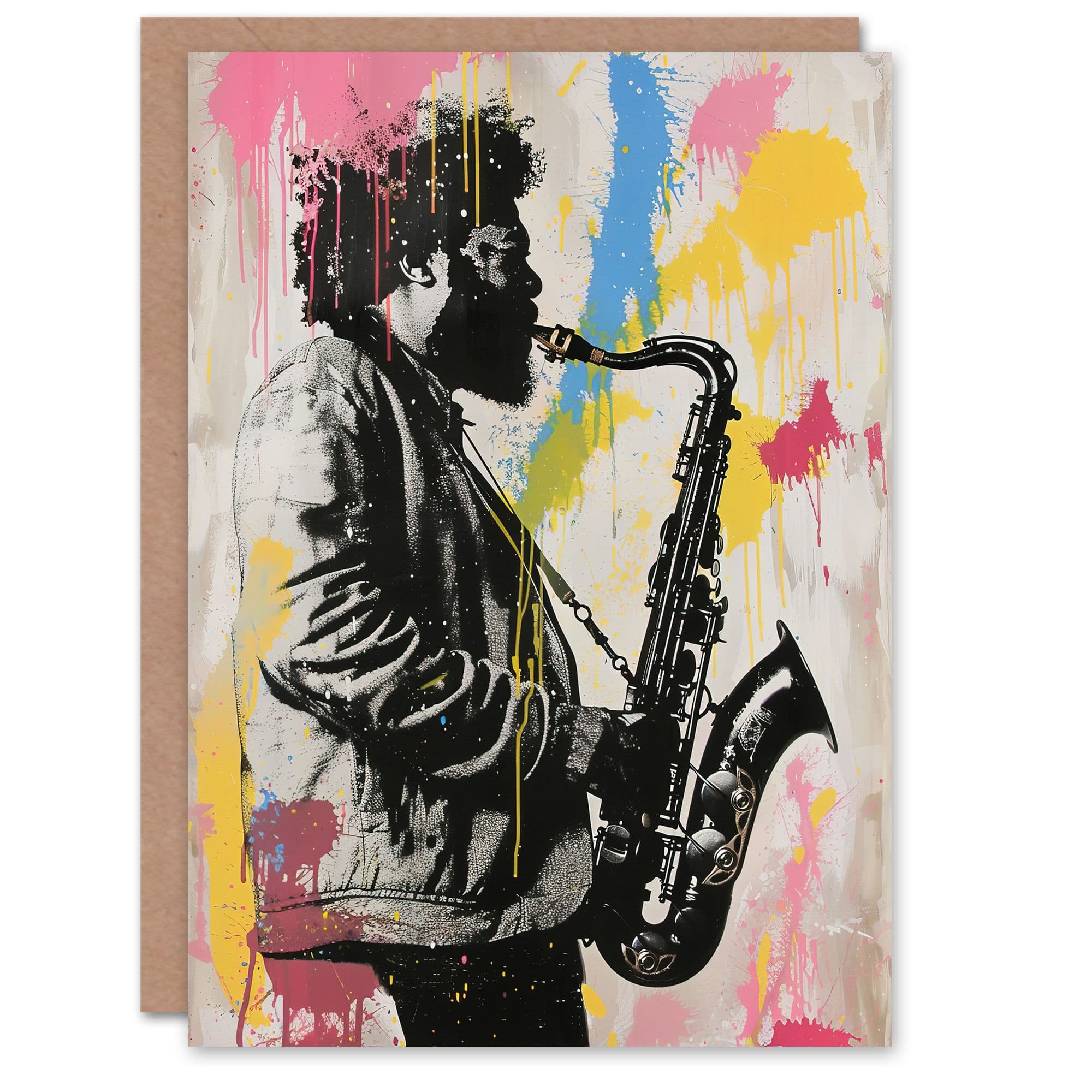 Saxophone Player Portrait Paint Splash Street Art Greeting Card