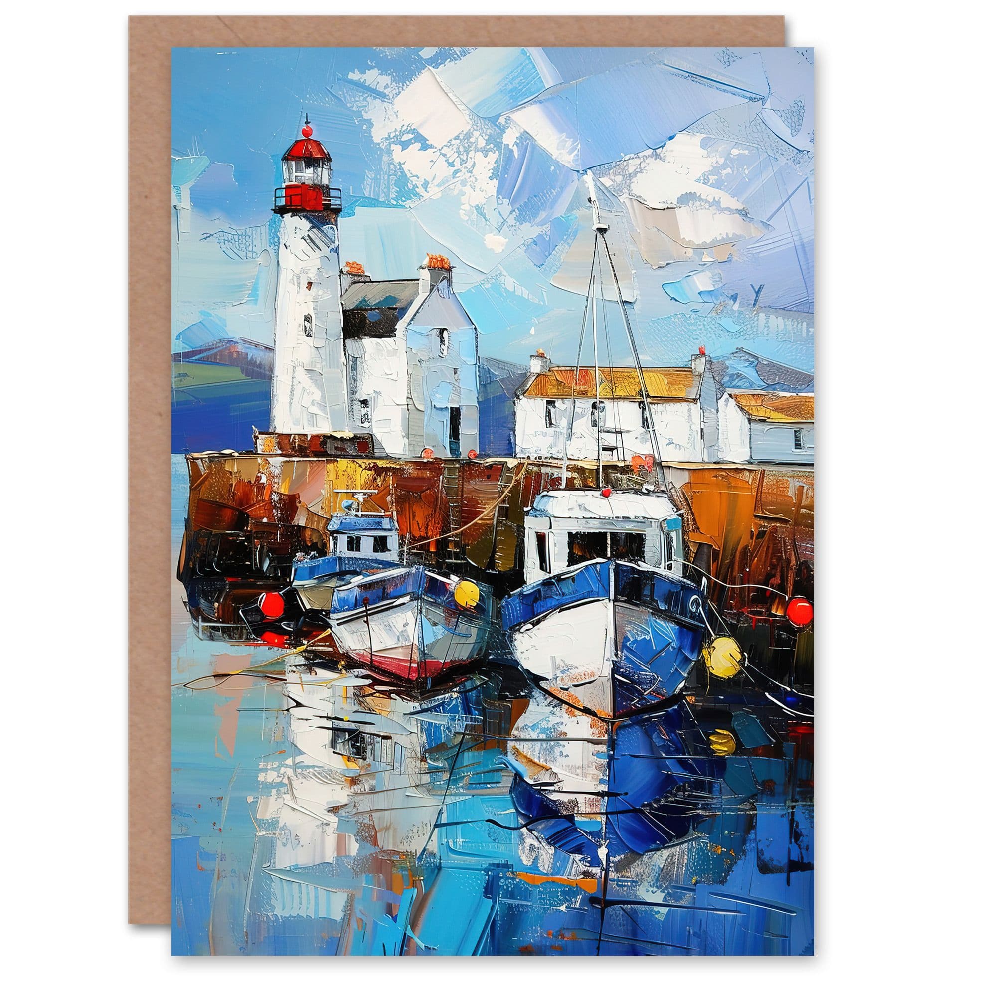 Scottish Harbour Oil Painting Lighthouse Rustic Greeting Card Birthday