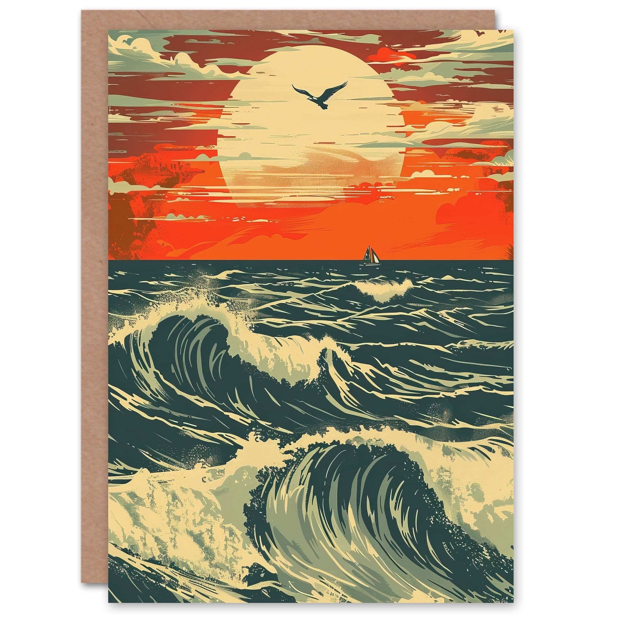 Ocean Waves at Sunset Painting Seascape Bird Greeting Card Birthday
