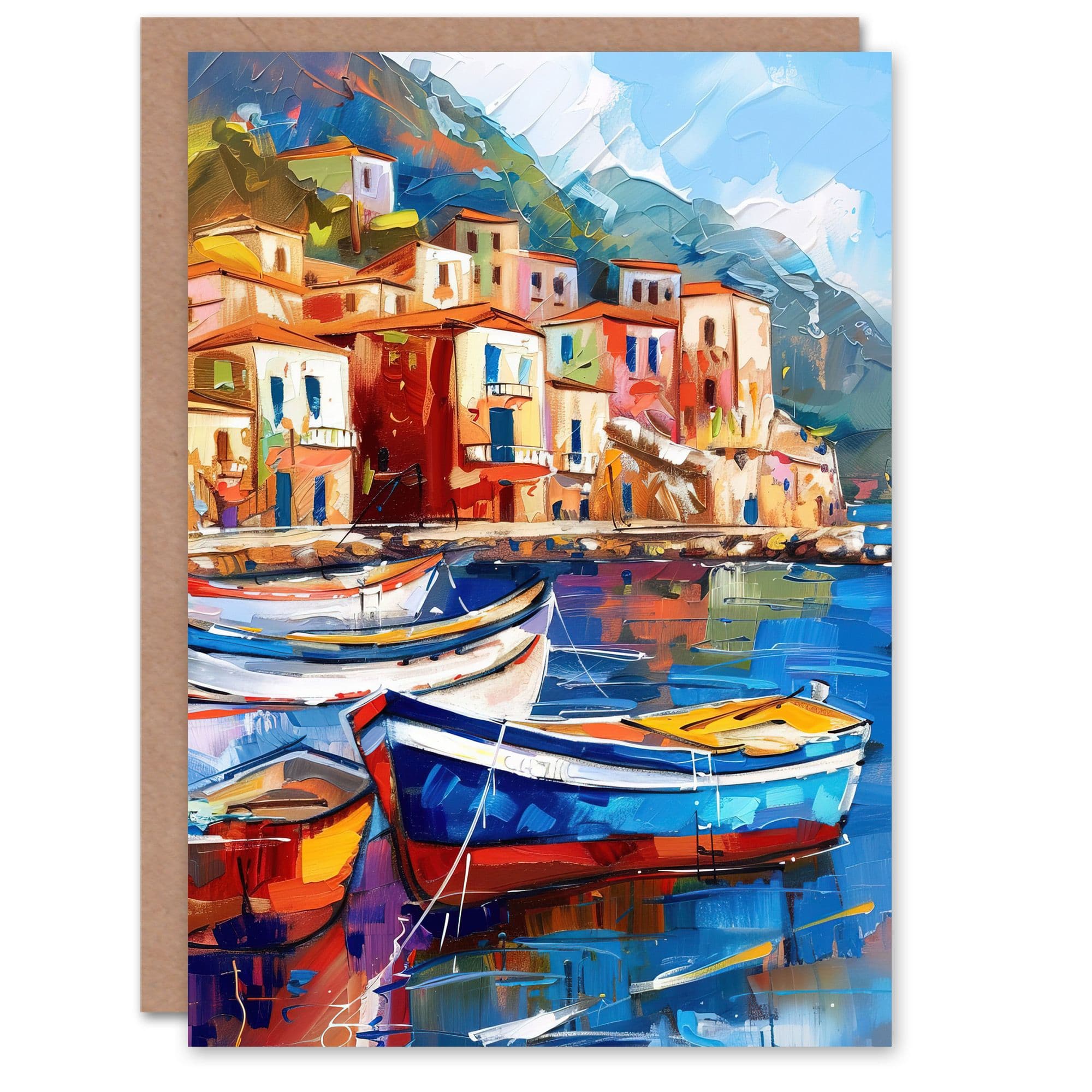 Colourful Fishing Village Oil Painting Harbour Greeting Card Birthday