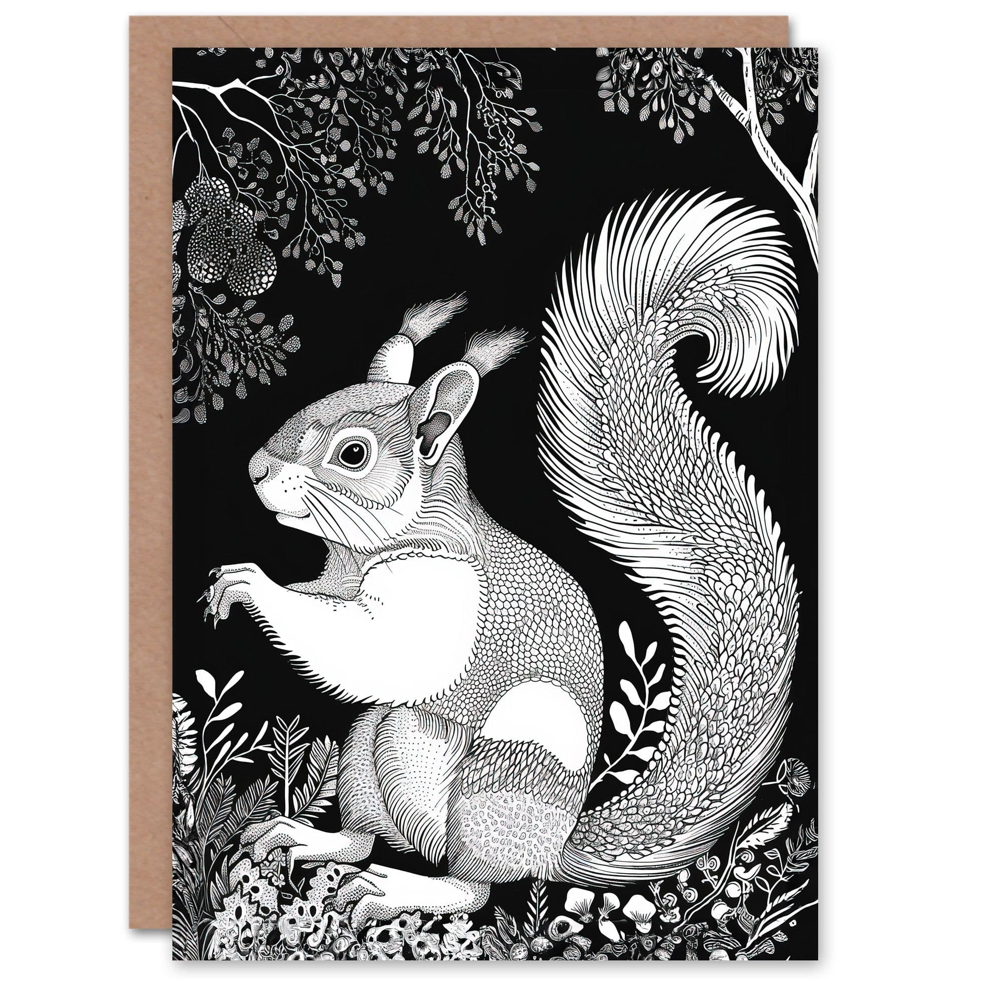 Happy Squirrel in Trees Black and White Drawing Greeting Card Birthday