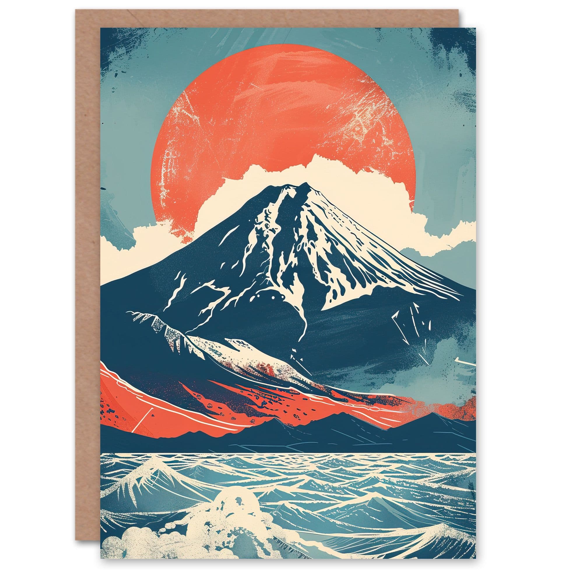Mount Fuji Sun Japanese Bold Artwork Blue Orange Greeting Card