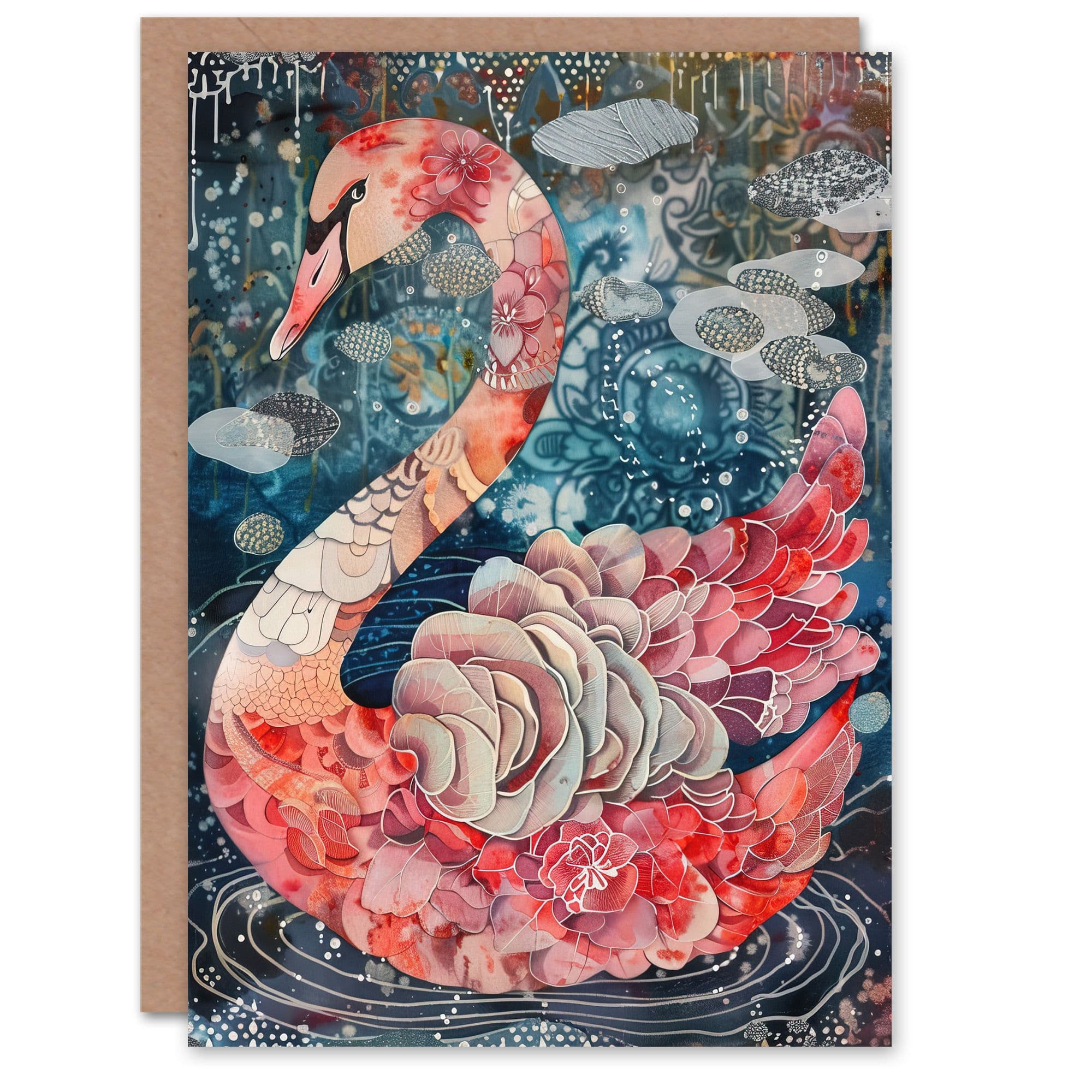 Abstract Pink Flower Swan Artwork Enchanted Lake Greeting Card