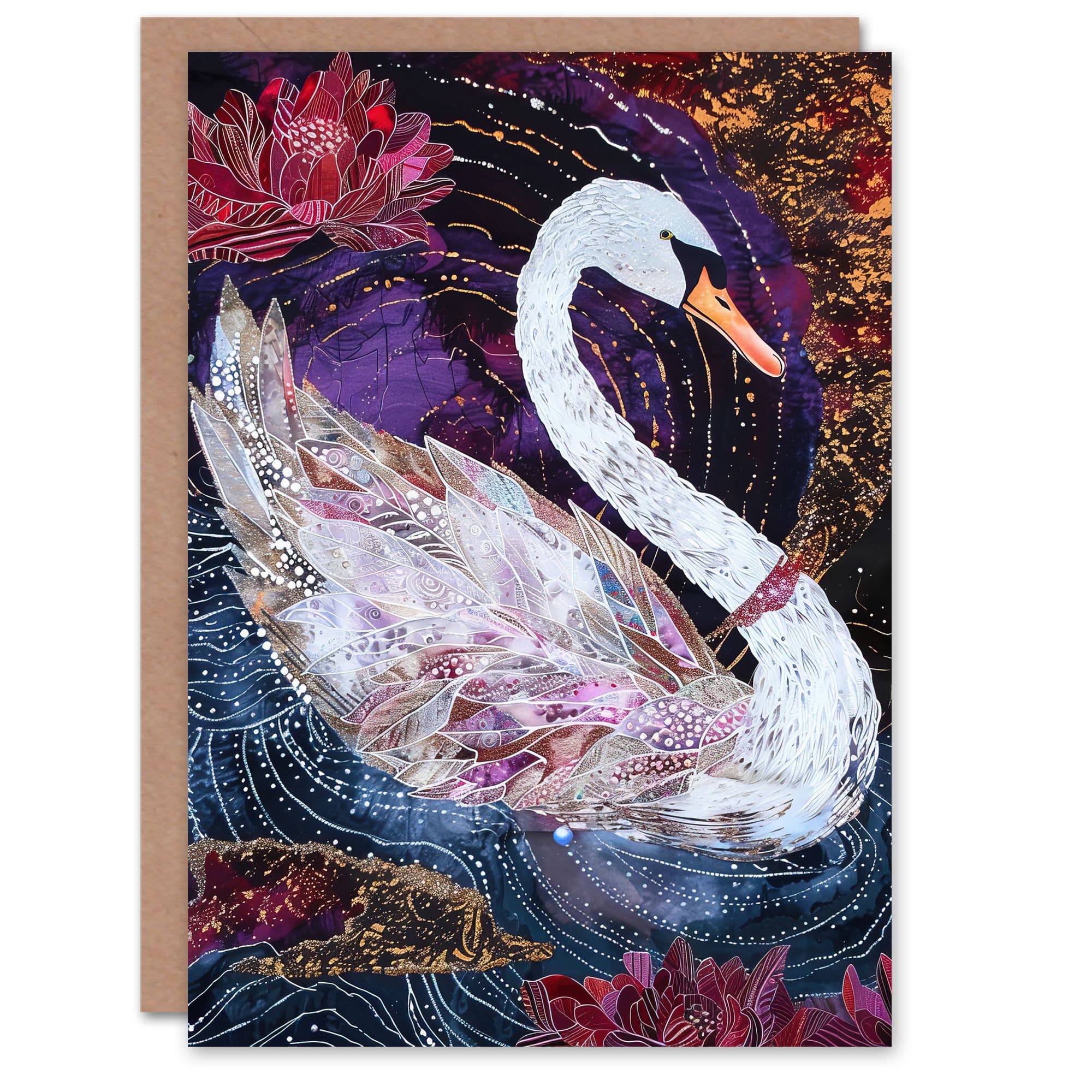 Magical Swan Artwork Enchanted Purple Pink Greeting Card Birthday