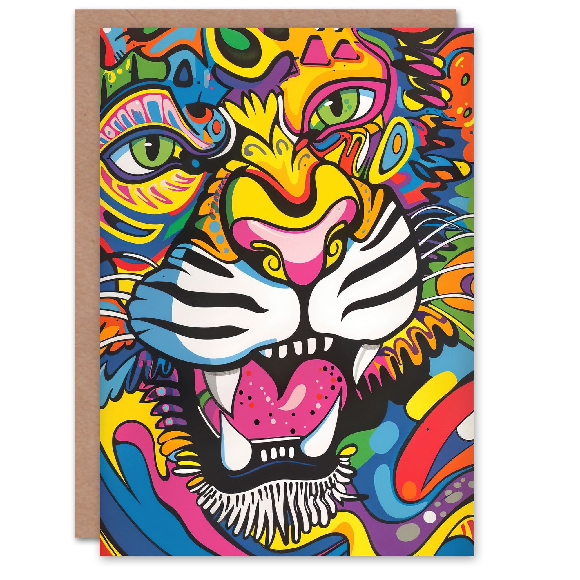 Colourful Arty Tiger Portrait Fun Bold Hippy Greeting Card Birthday