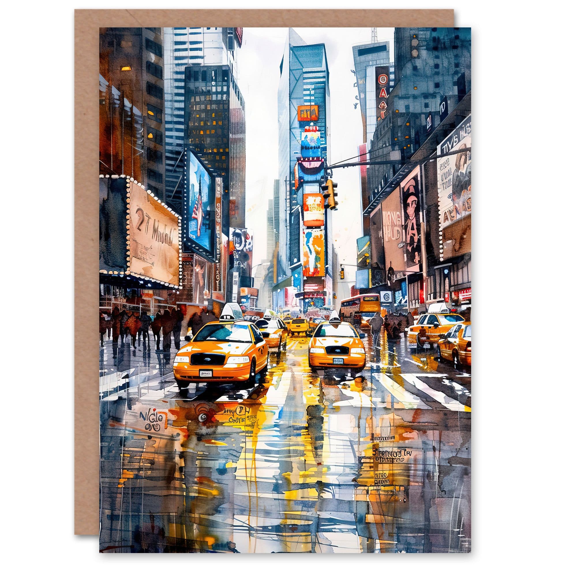 Times Square Taxis Billboards Watercolour Iconic Greeting Card