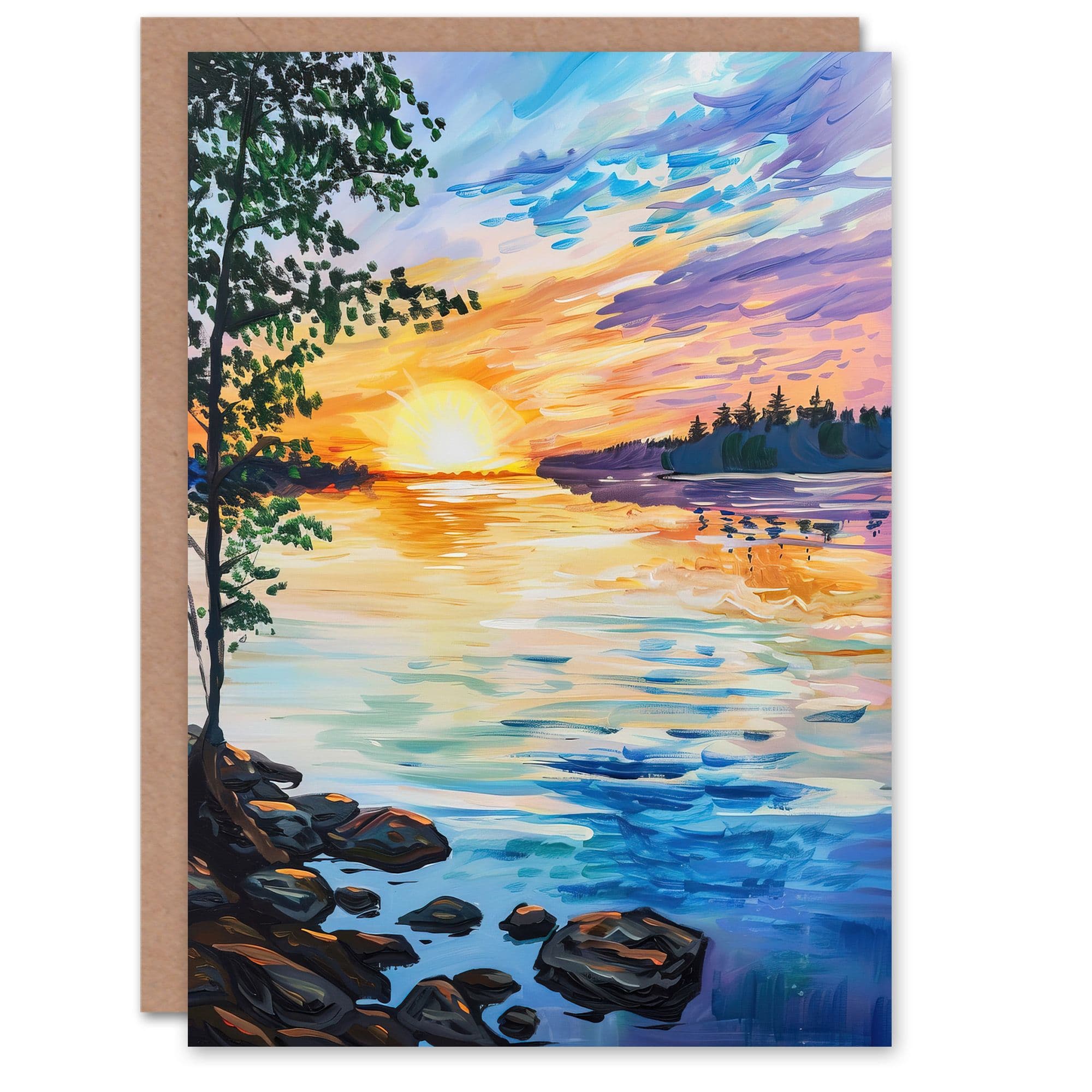 Sunset on Calm Lake Oil Painting Tranquil Peace Greeting Card Birthday