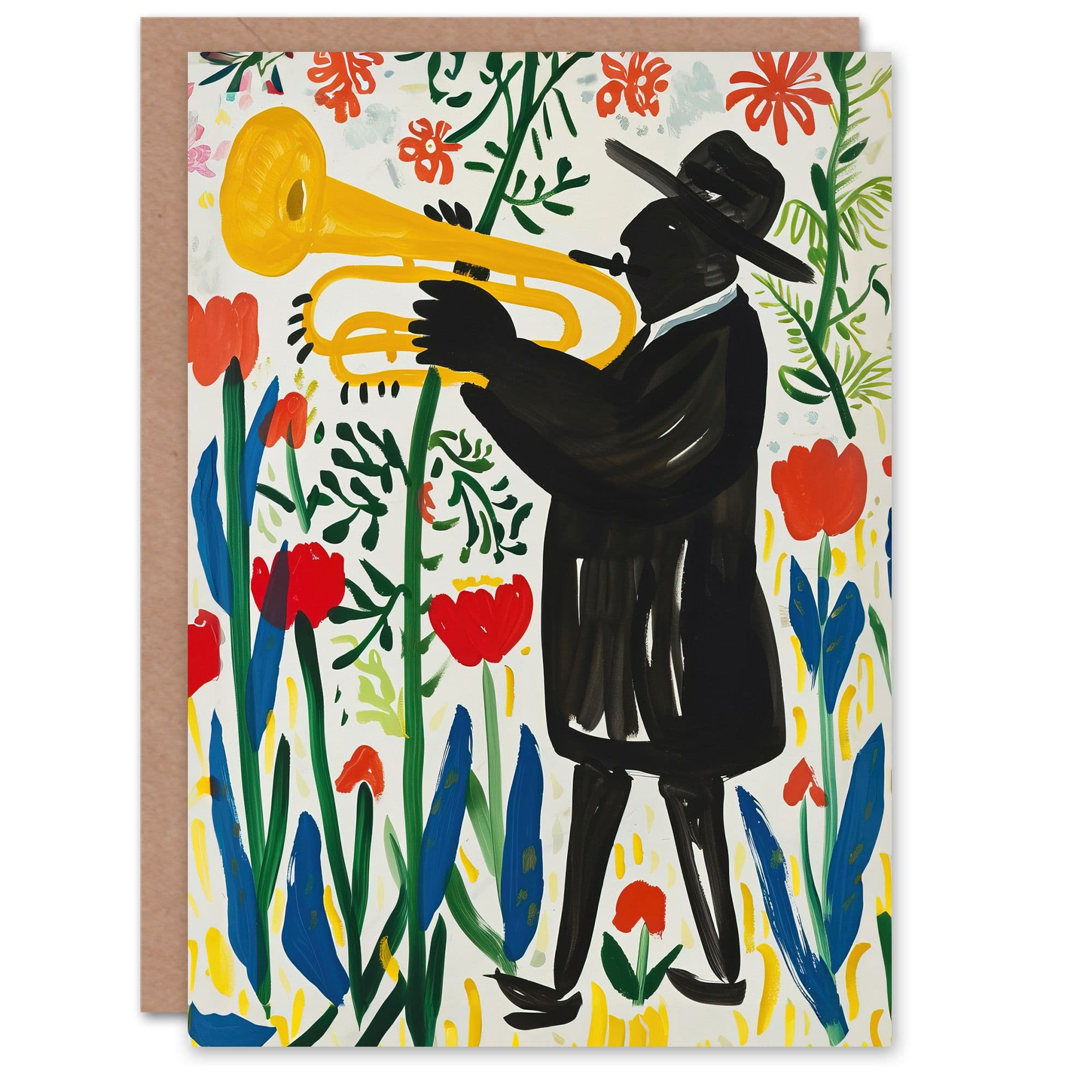 Jazz Trombonist in Tulips Painting Fun Colourful Greeting Card