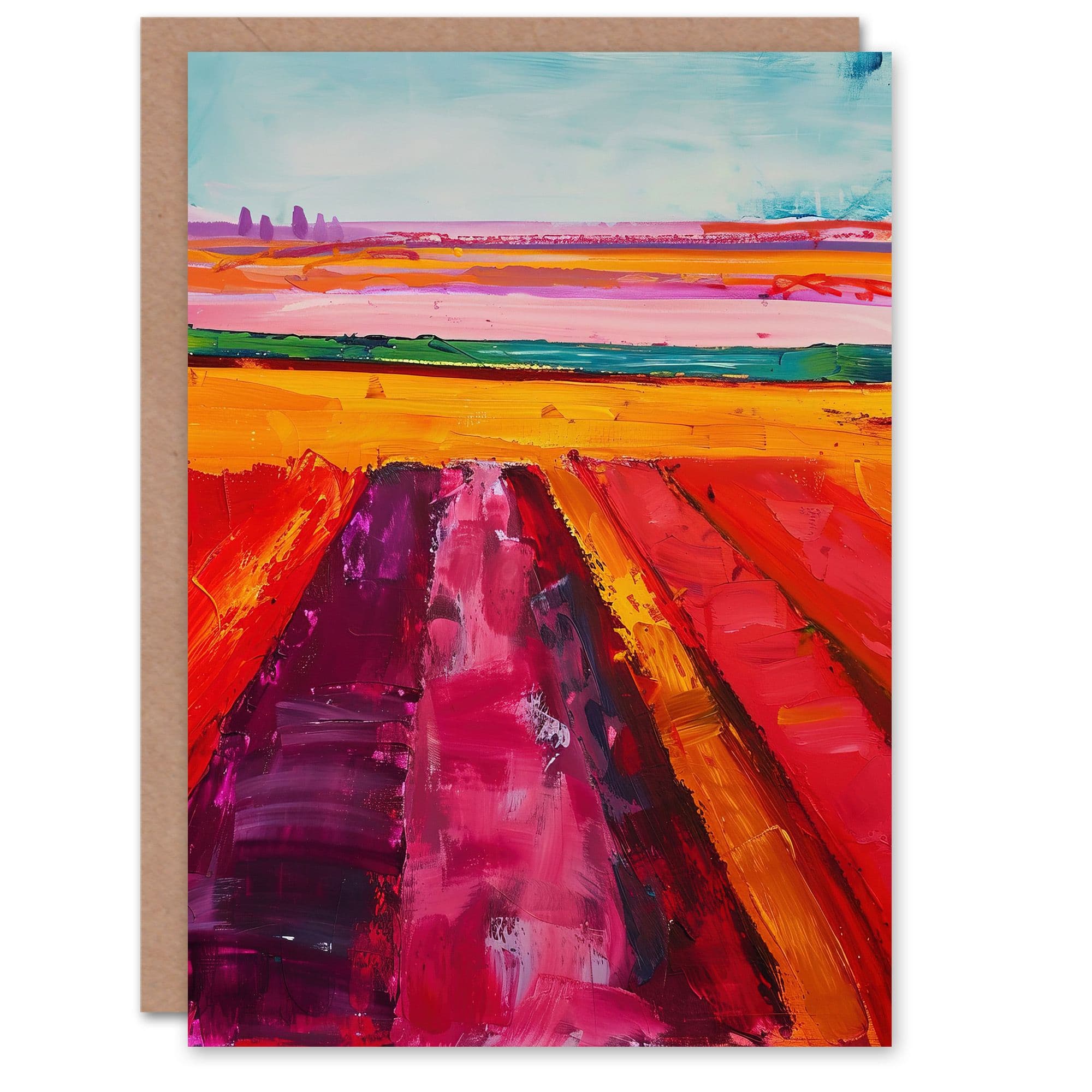 Abstract Red Tulip Fields Oil Painting Pink Bold Greeting Card