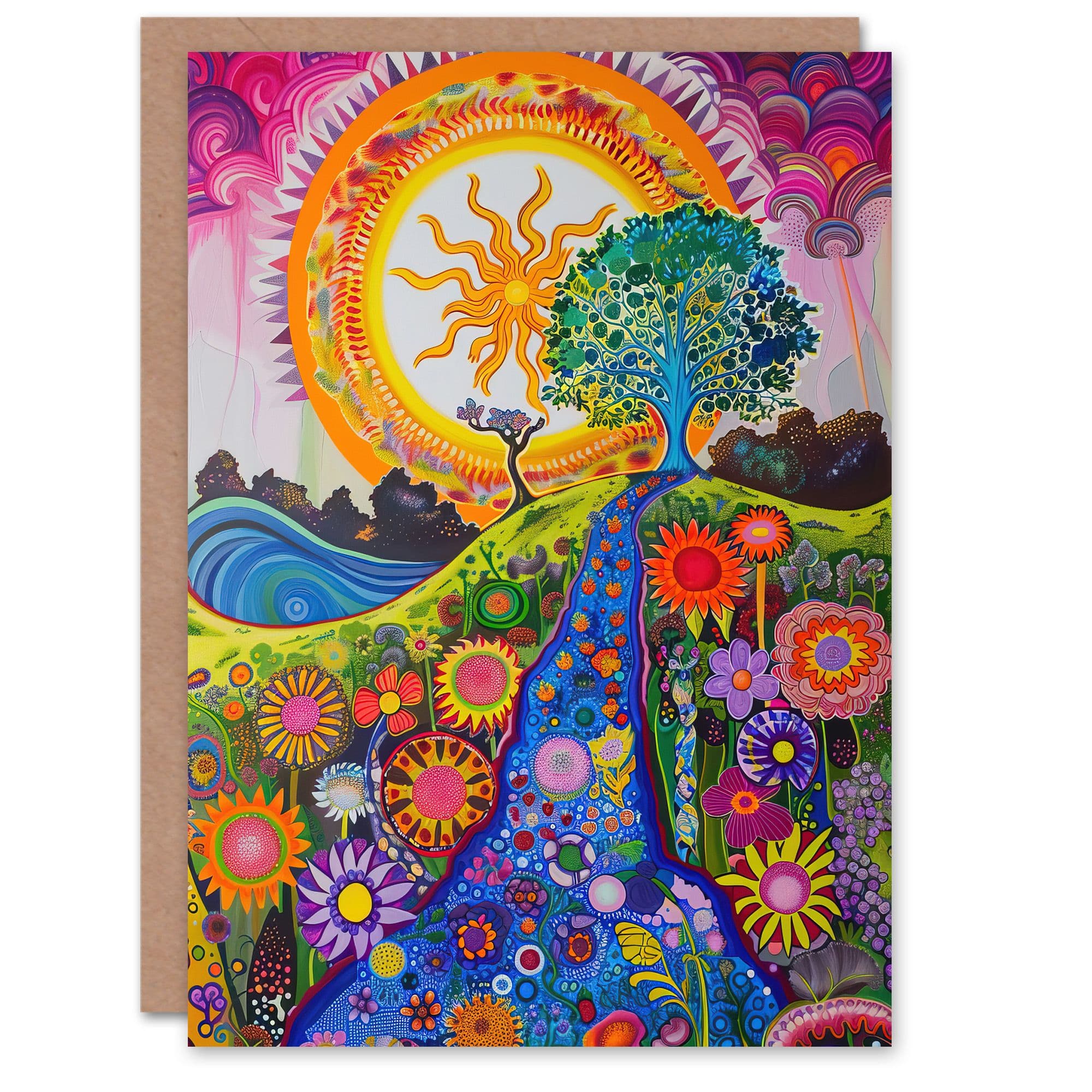 Bright Colourful Hippy Artwork Flowers Sun Trees Greeting Card