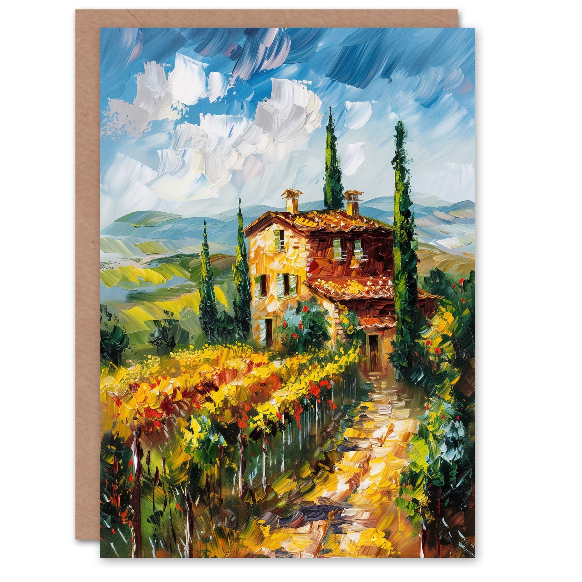 Summer Tuscan Farmhouse Oil Painting Colourful Greeting Card Birthday