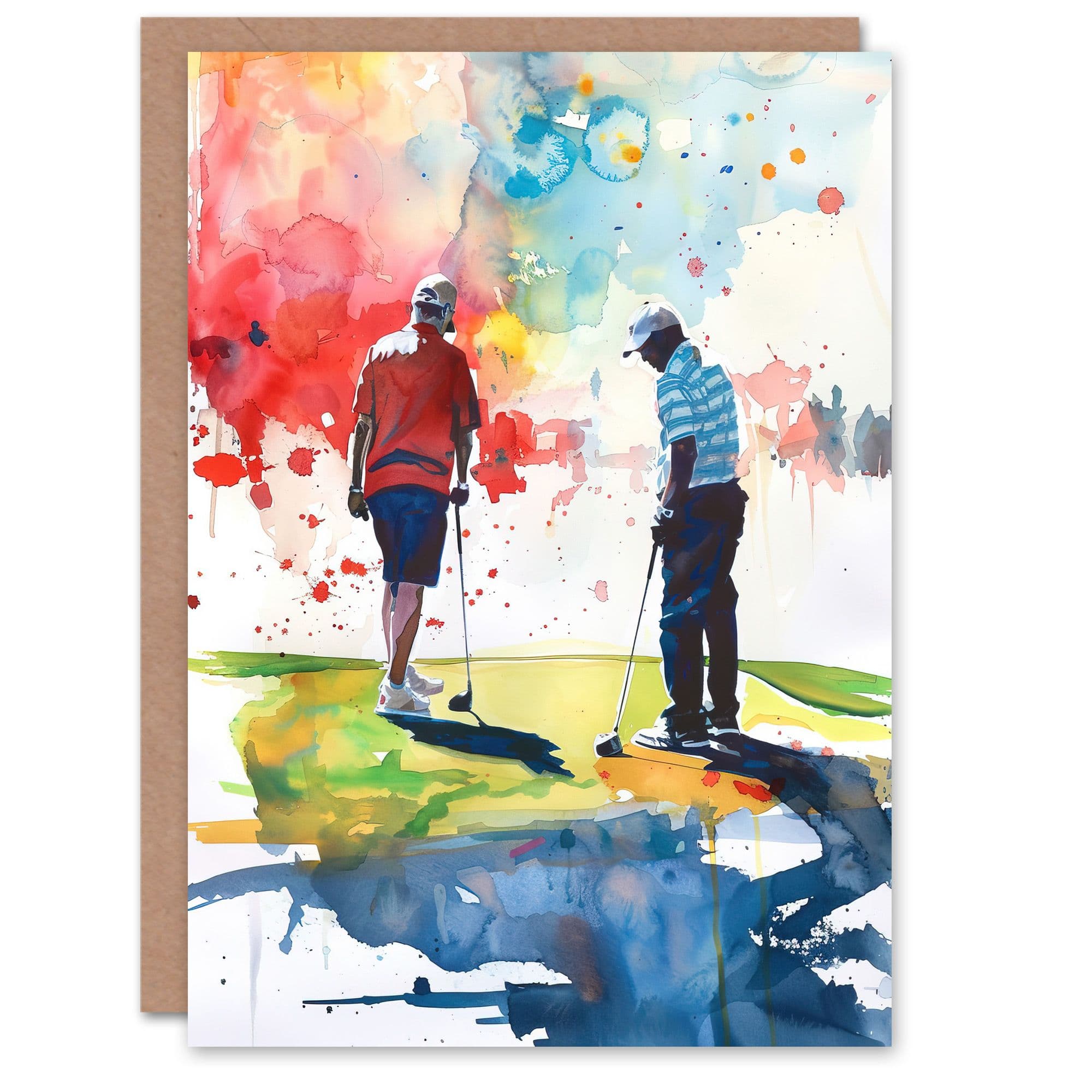 Two Friends Golfing Putting Watercolour in Sun Greeting Card Birthday