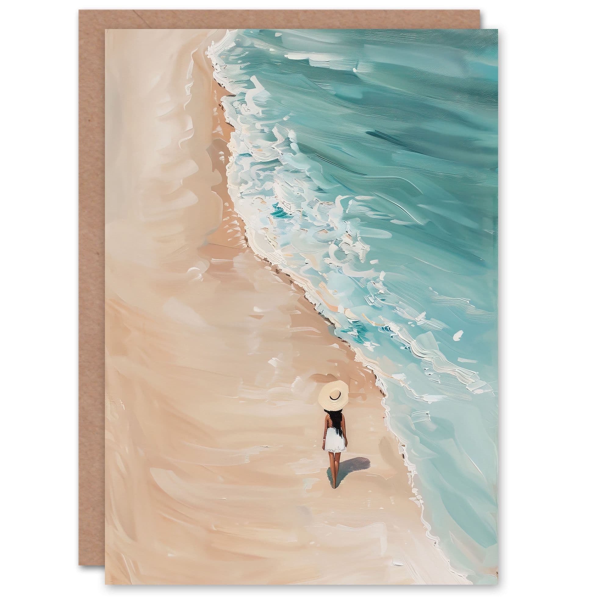 Lady in Hat Beach Walk Oil Painting Calm Summer Greeting Card Birthday