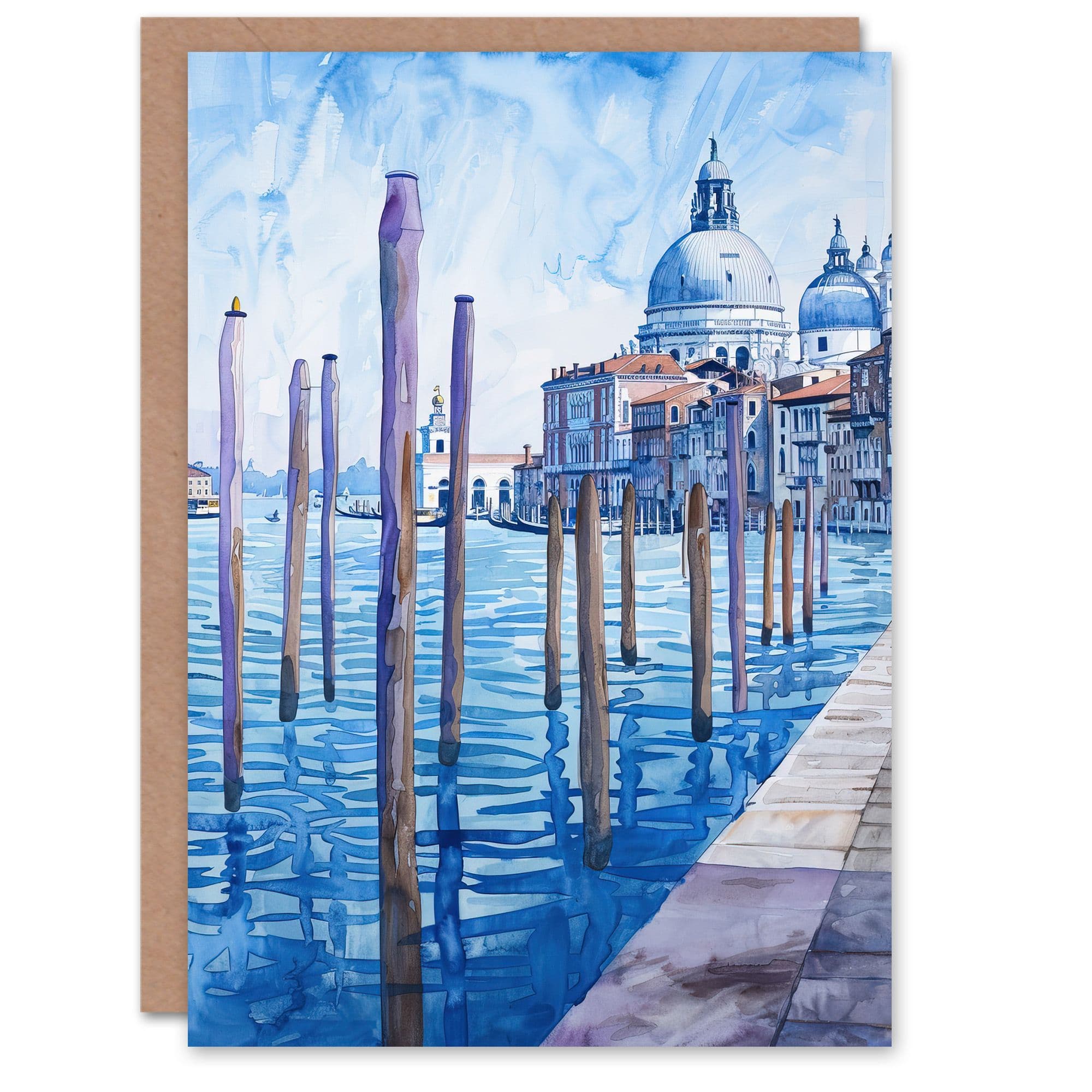 Venice St Mark's Basilica Watercolour Blue Greeting Card Birthday