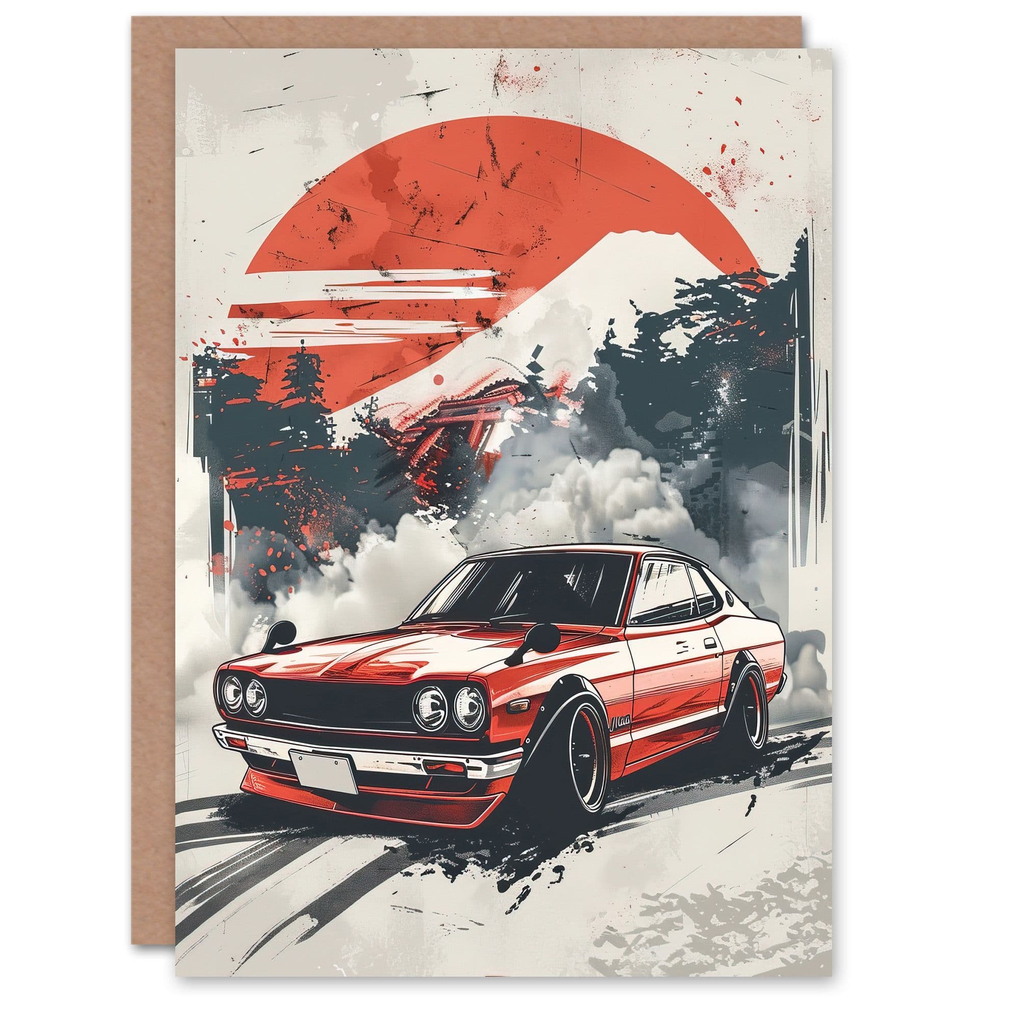 Retro Vintage Sportscar Classic Japanese Red Sky Greeting Card