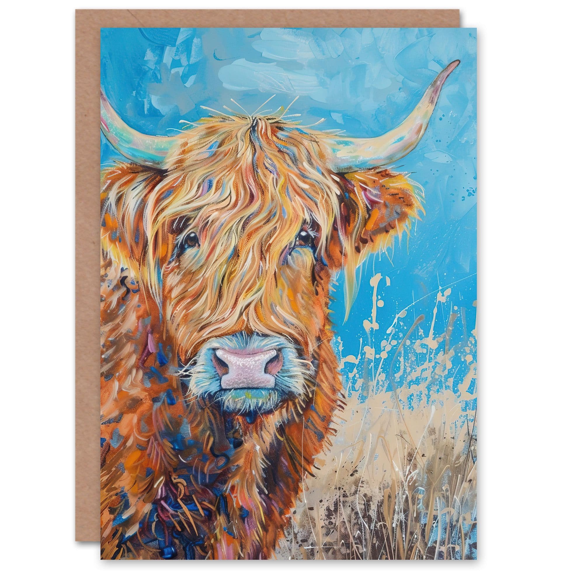 Highland Cow Oil Portrait Scottish Summer Greeting Card Birthday
