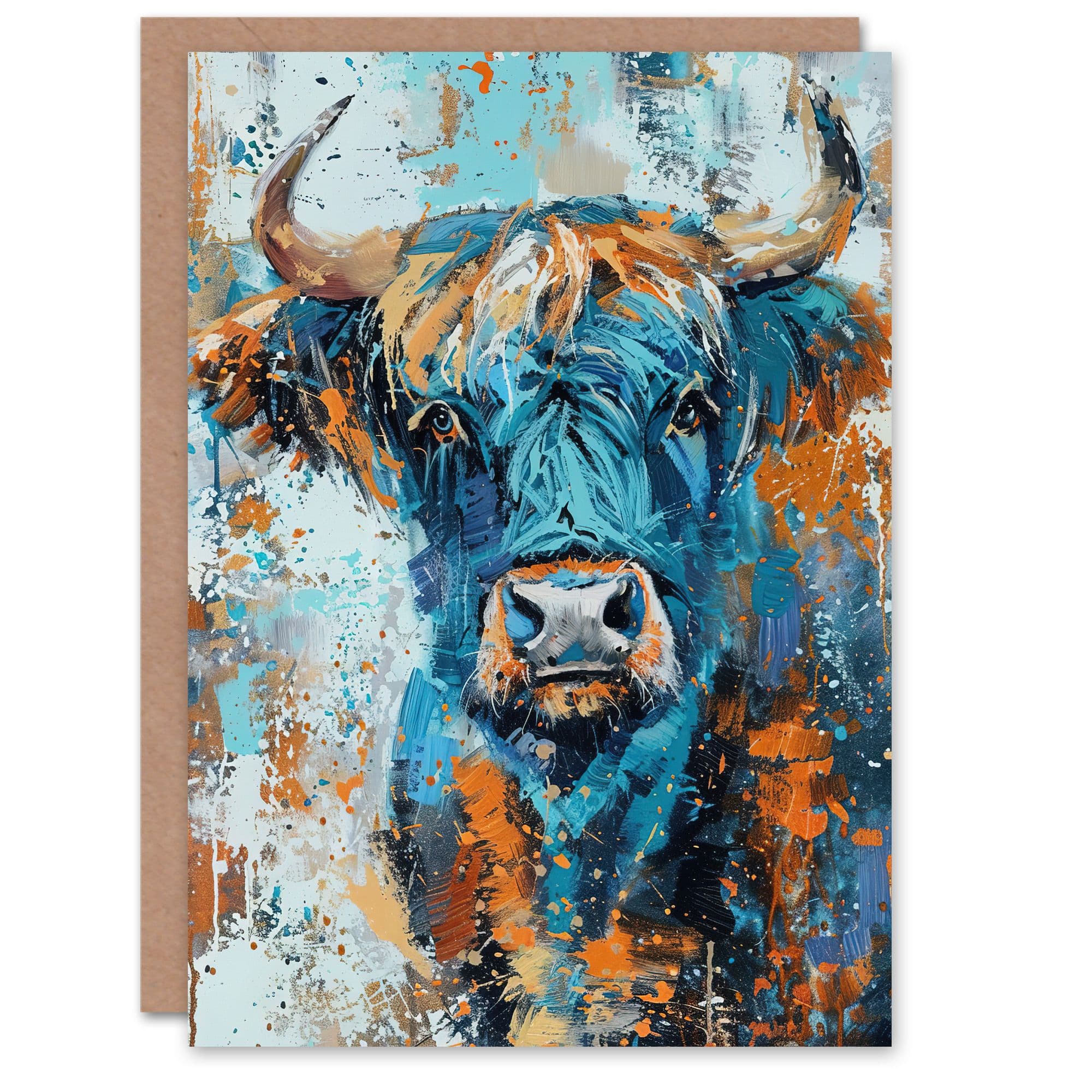 Blue Highland Cow Oil Painting Scottish Animal Greeting Card Birthday