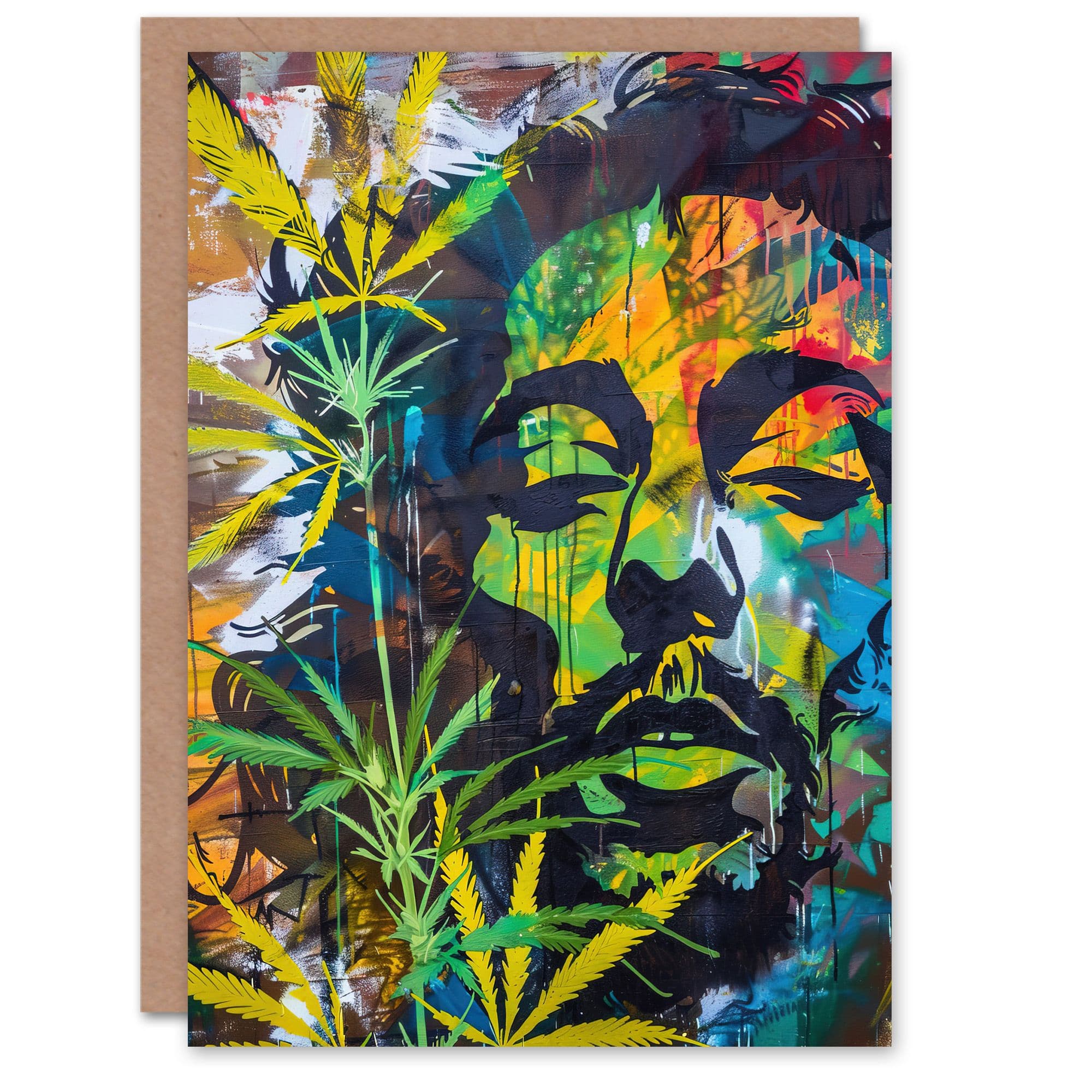 Abstract Portrait Man Weed Hemp Leaves Reggae Greeting Card