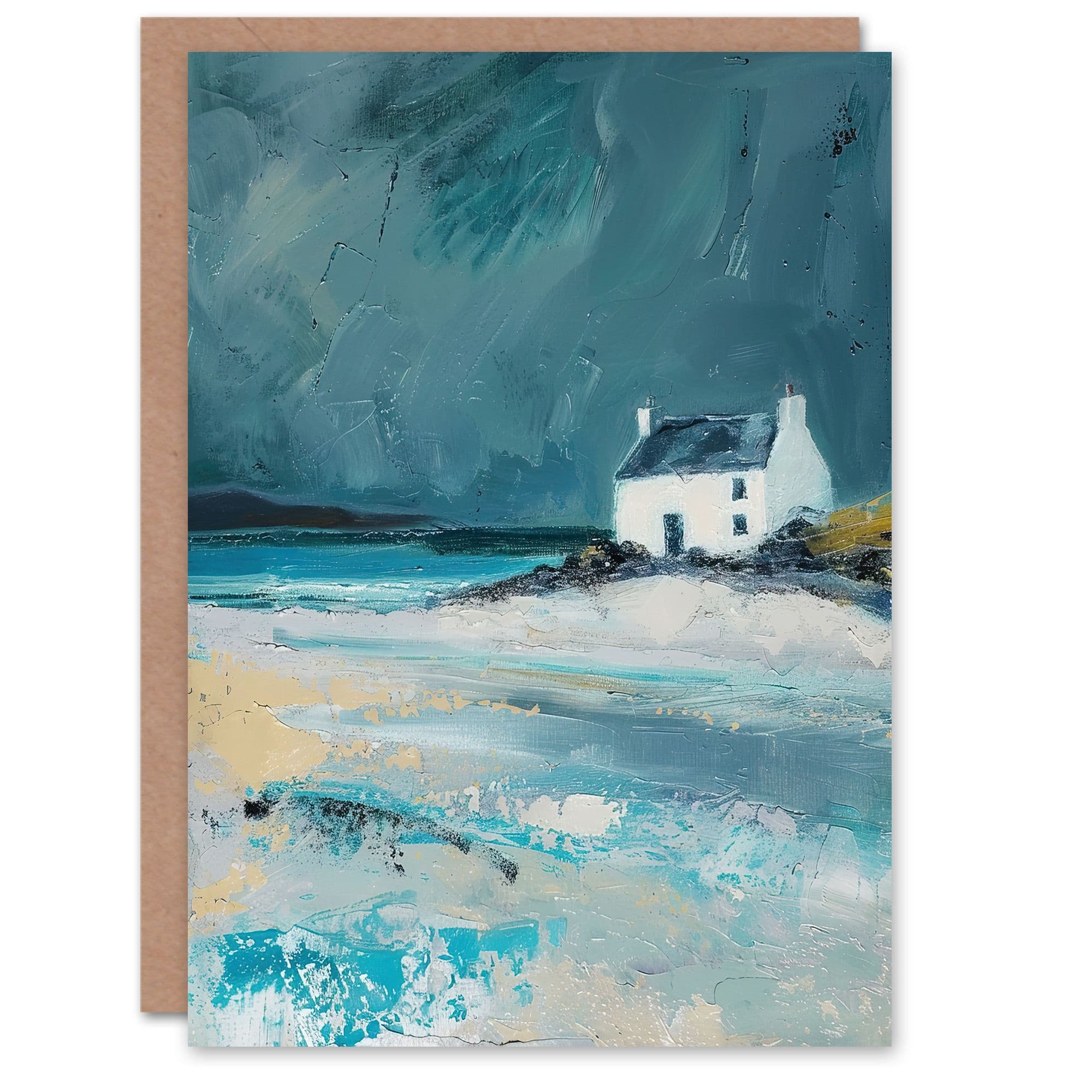 Scottish Cottage Coastal Hills Oil Painting Greeting Card