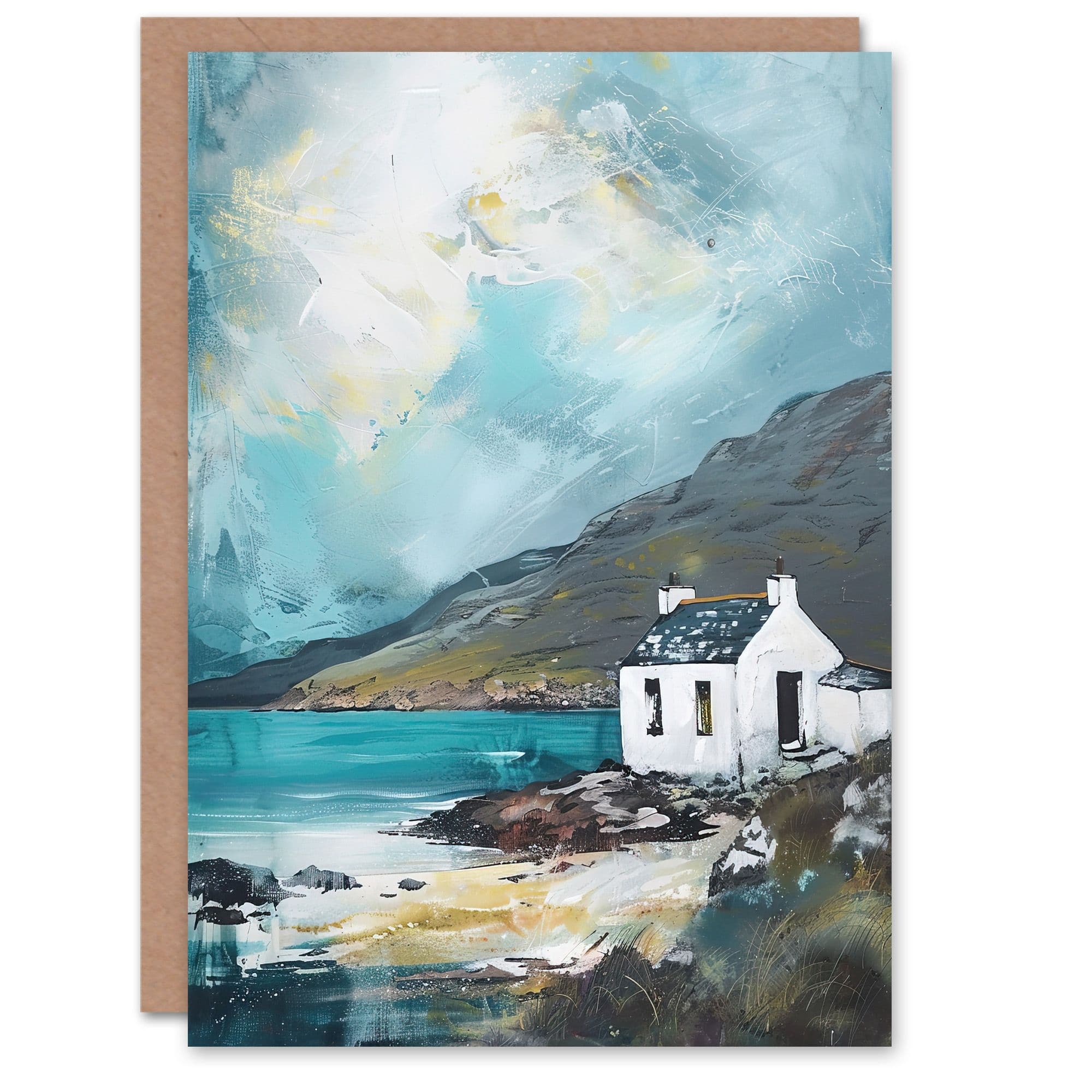 White Scottish Cottage Loch Hills Oil Painting Greeting Card Birthday