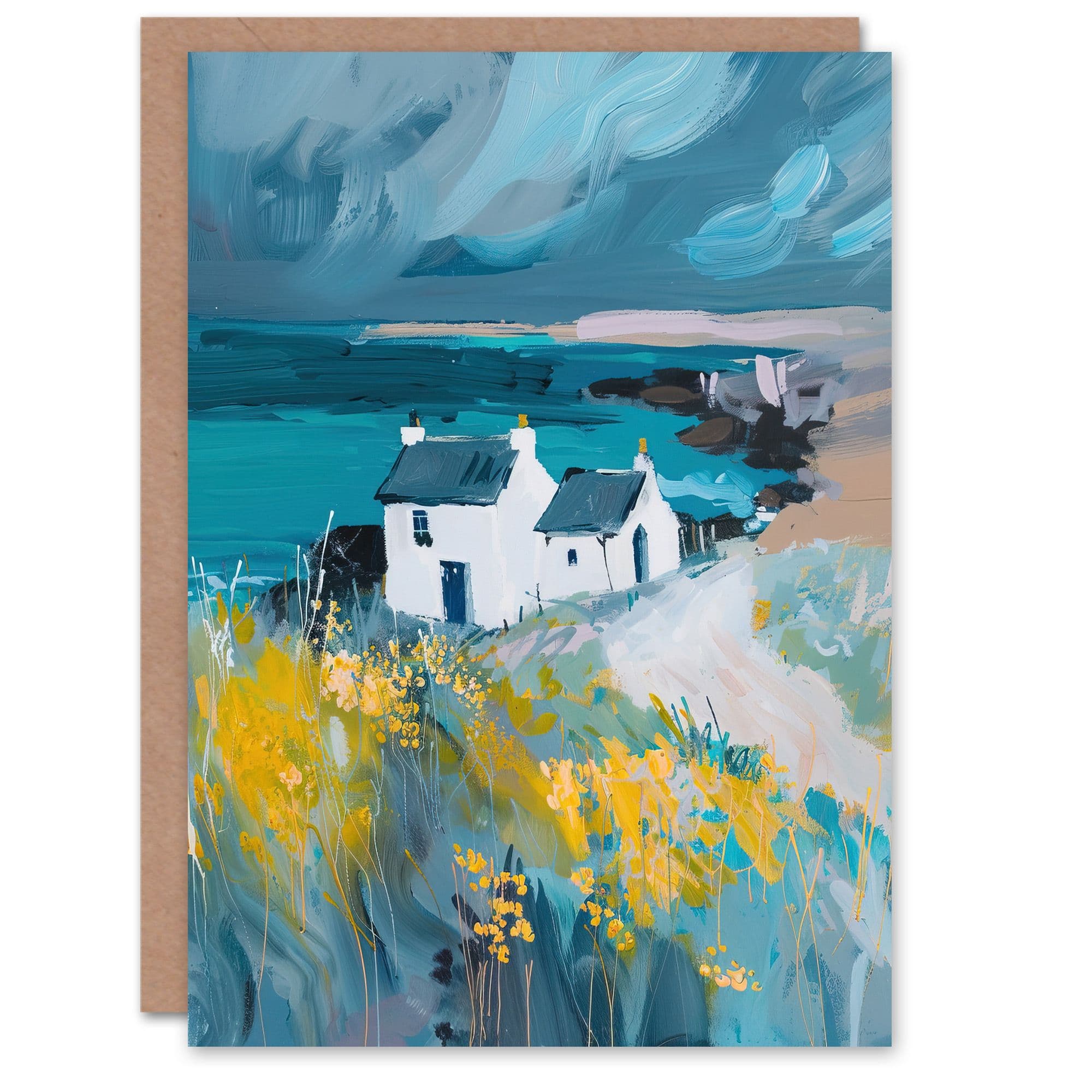 Coastal Scottish Cottage Wildflowers Oil Painting Greeting Card