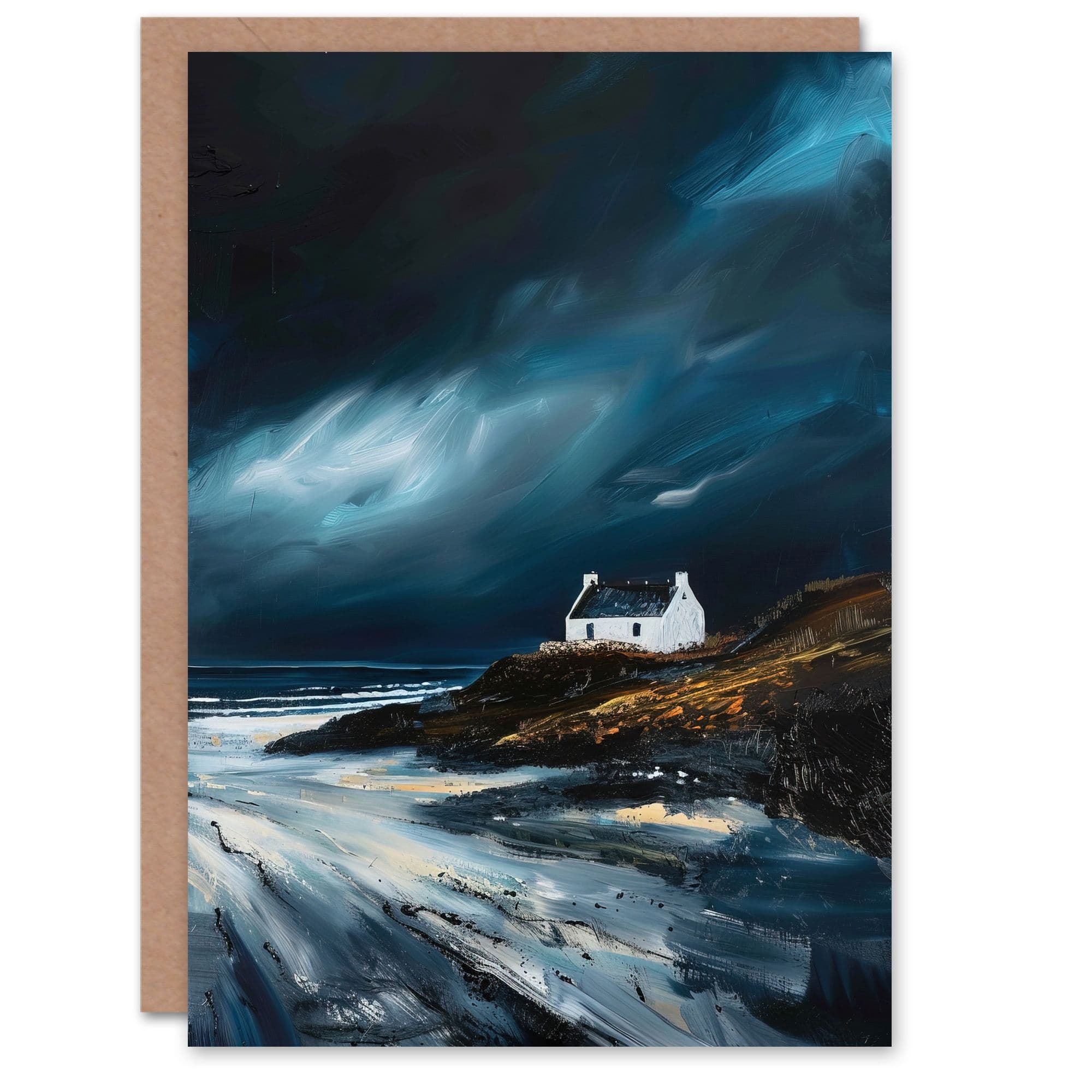 Scottish Isle Cottage Oil Painting Stormy Coastal Greeting Card