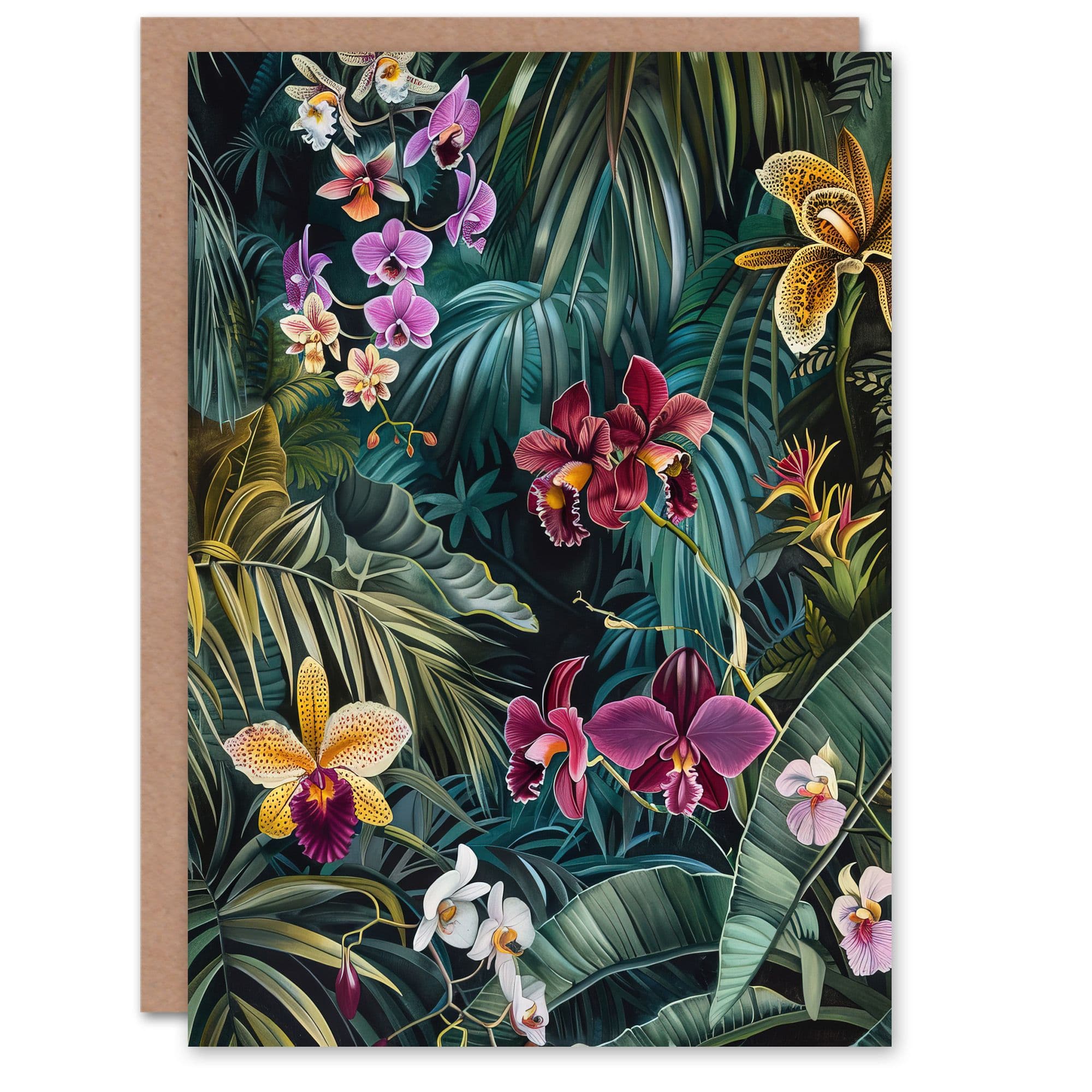 Exotic Orchids Jungle Painting Wild Floral Greeting Card Birthday