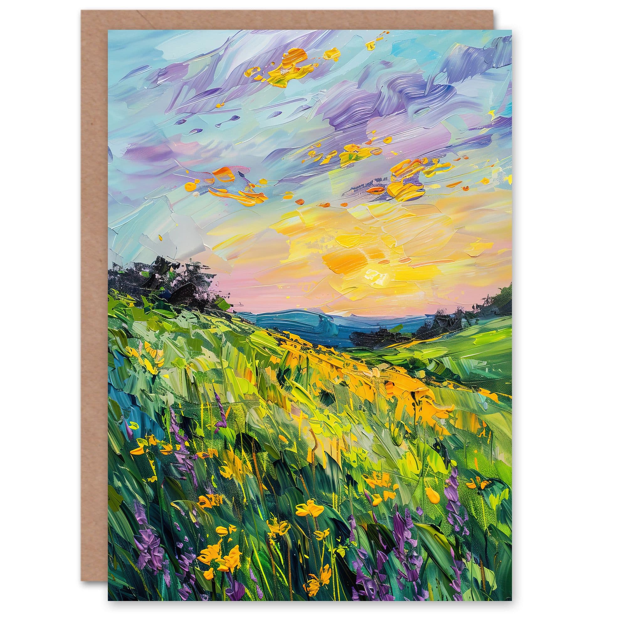 Daffodil Meadow Sunset Oil Painting Greeting Card Birthday