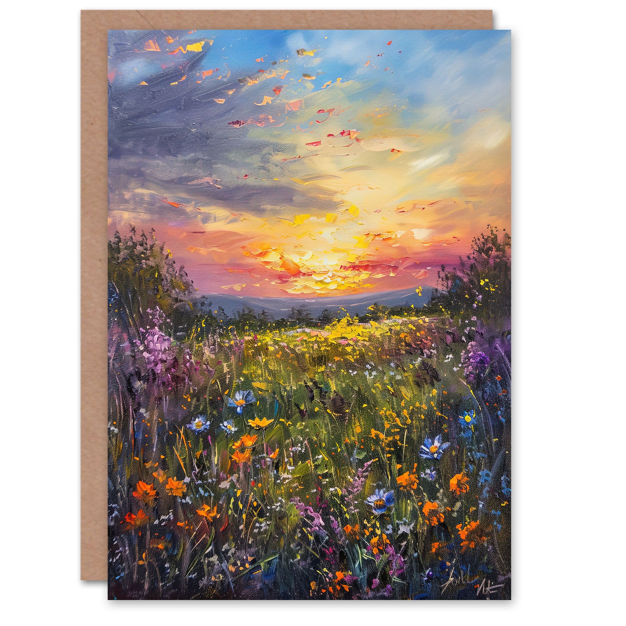 Wildflower Meadow at Sunset Oil Painting Summer Greeting Card Birthday
