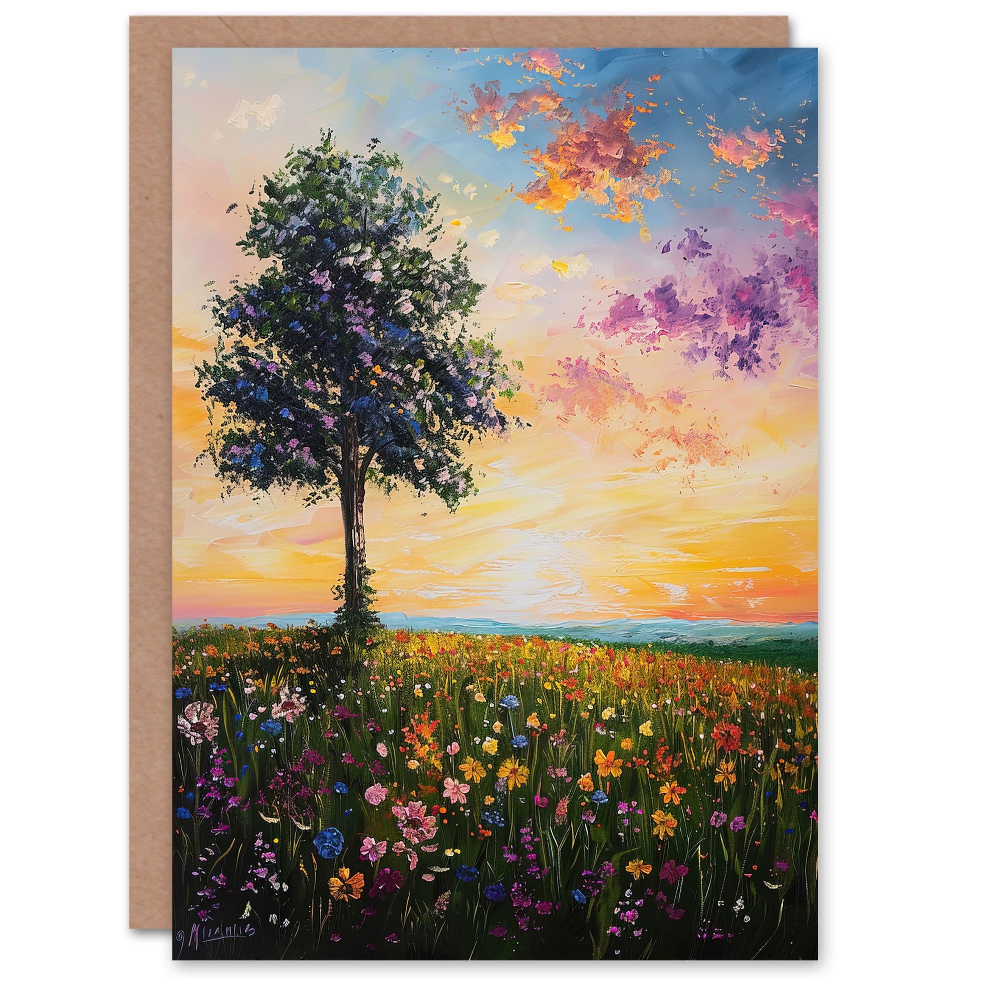 Tree Spring Wildflower Meadow Sunset Oil Painting Greeting Card