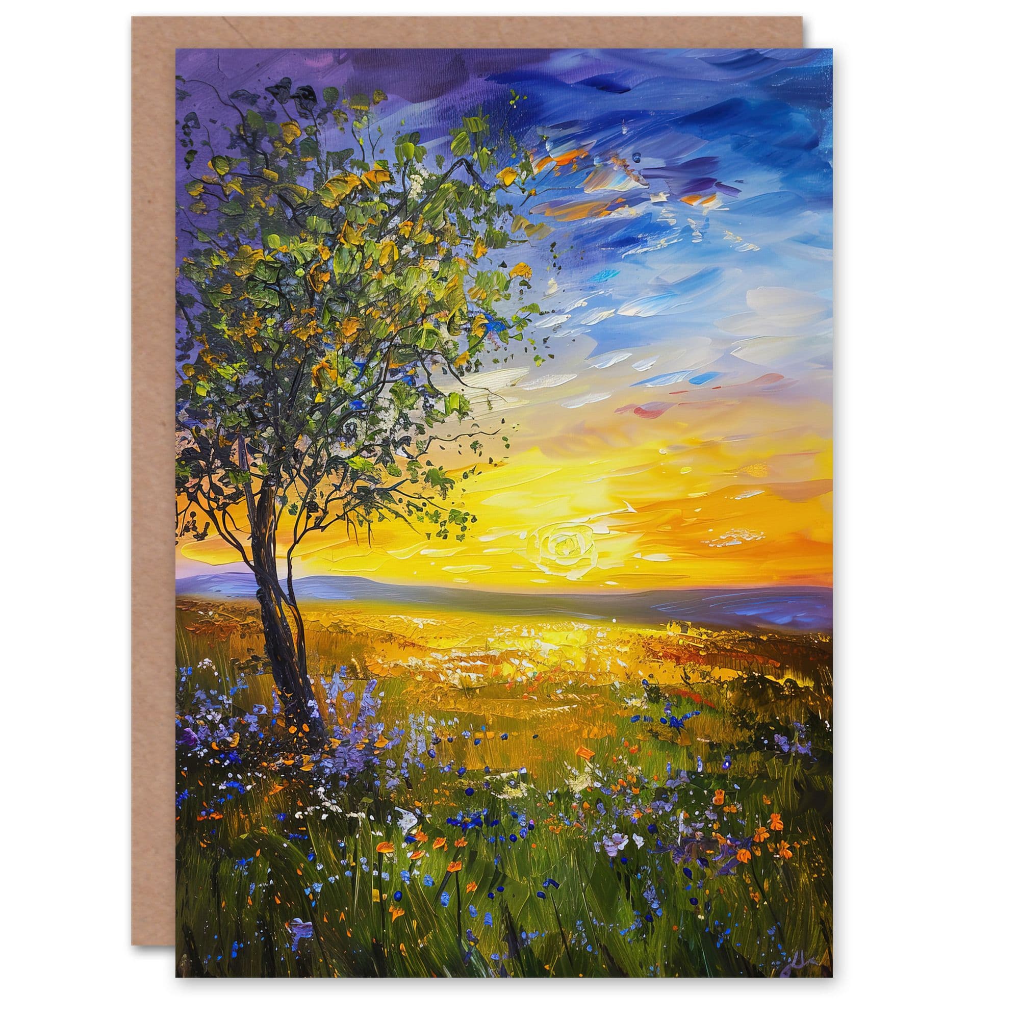 Tree Wildflower Meadow at Sunset Oil Painting Greeting Card Birthday