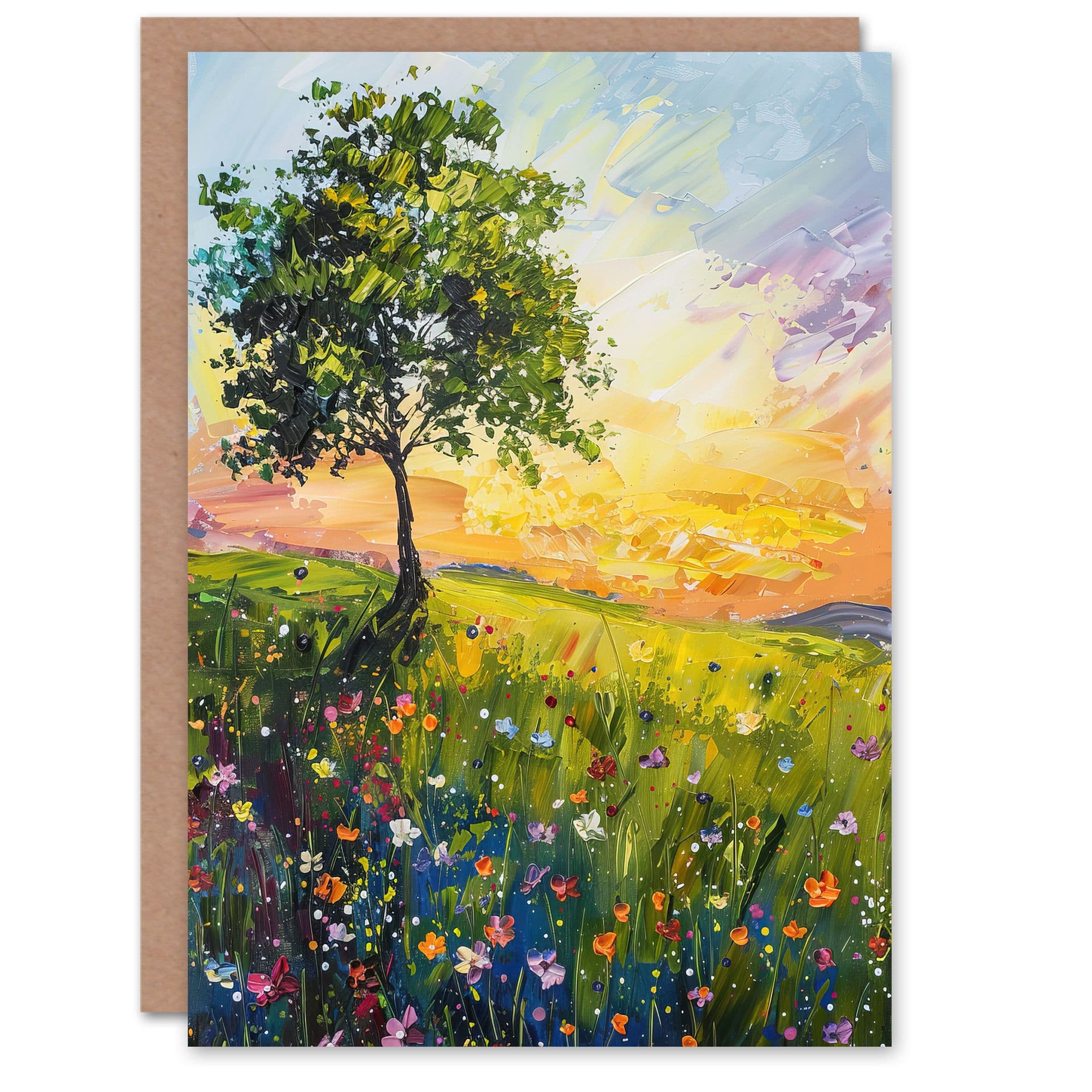Tree Wildflower Meadow at Sunrise Oil Painting Greeting Card Birthday