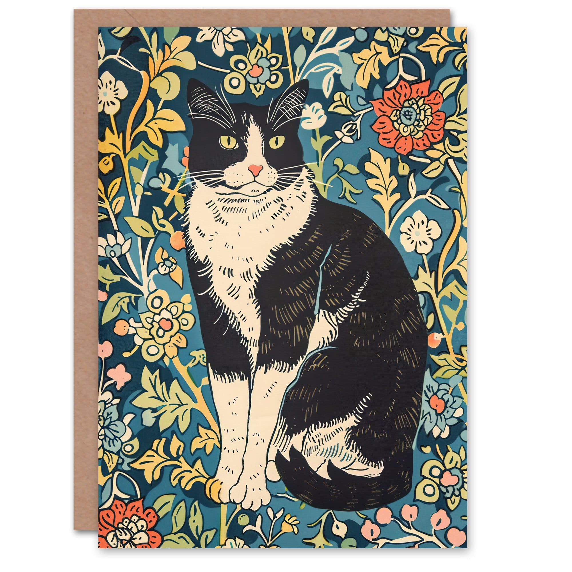 Cat in the Flowers Portrait Animal Lover Greeting Card Birthday