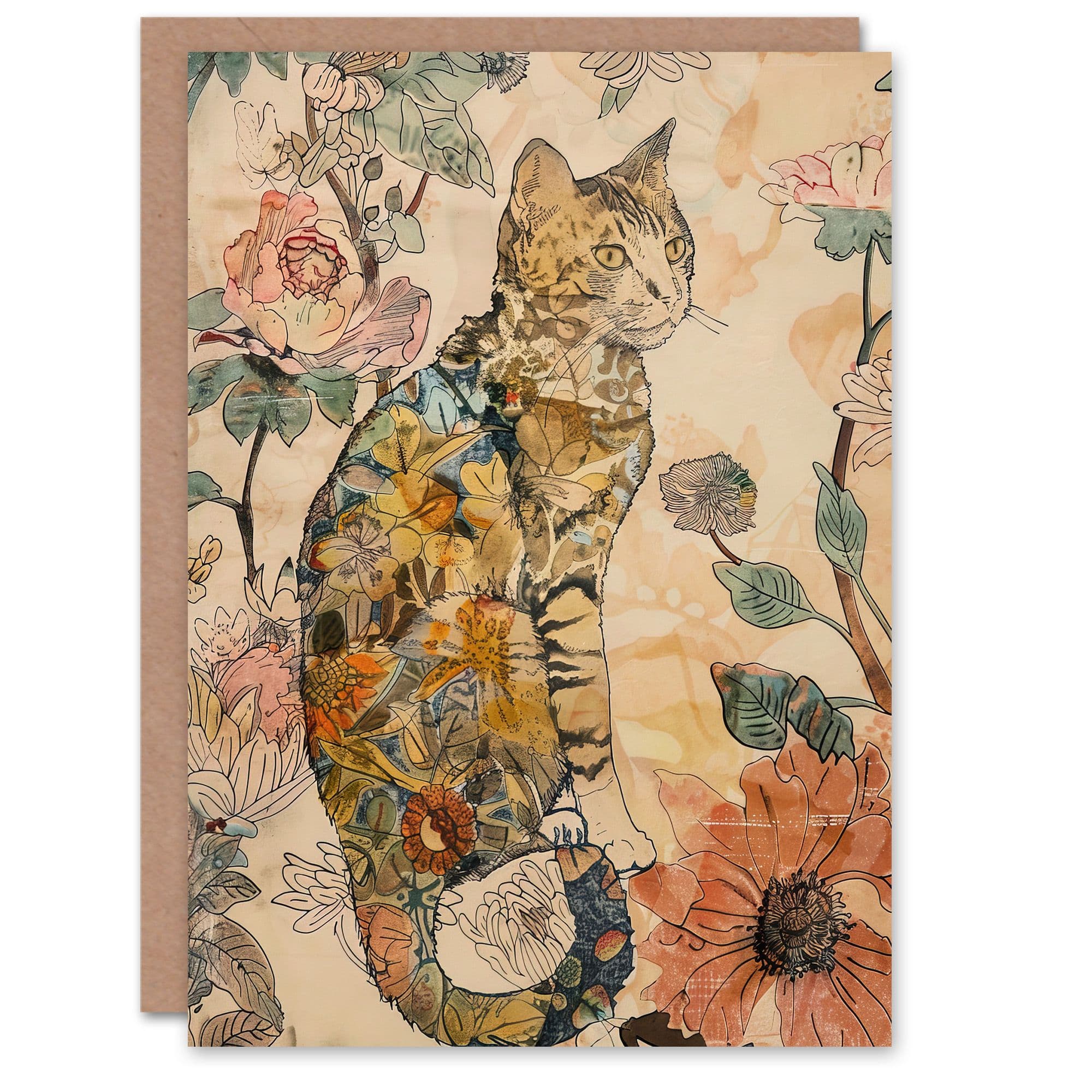 Abstract Cat Wildflowers Portrait Spring Greeting Card Birthday