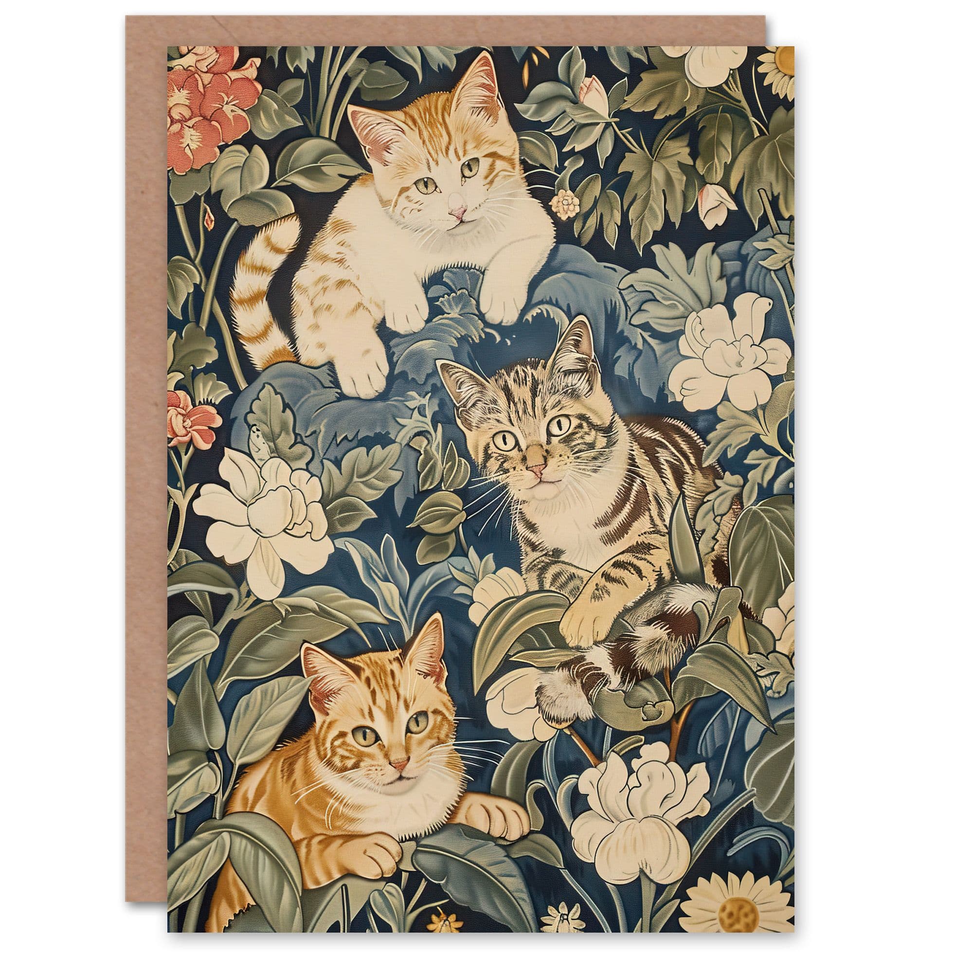 Kittens in Flowers Painting Animal Lover Greeting Card Birthday