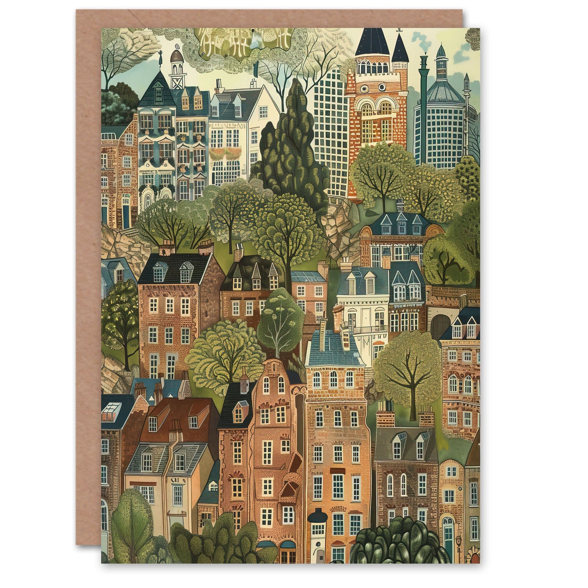 Townhouses Trees Cityscape Painting Greeting Card Birthday Him Her
