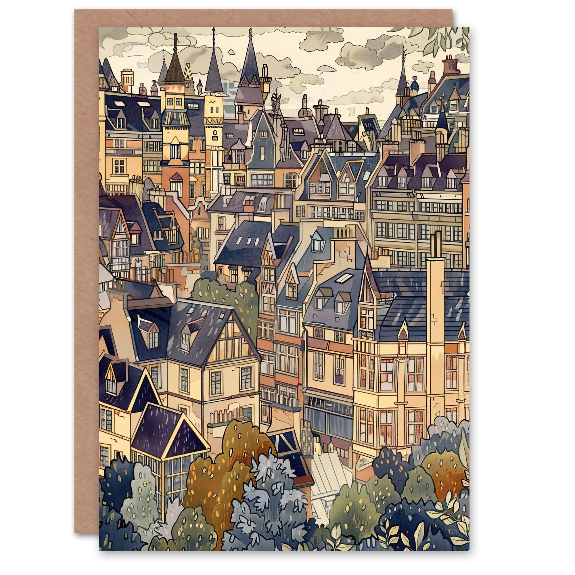 Cityscape Painting of Townhouses in Trees Greeting Card Birthday